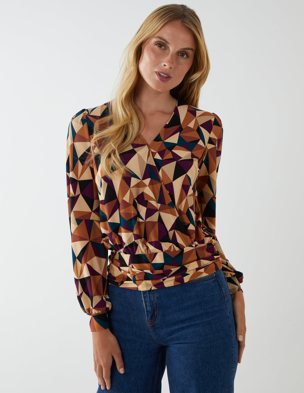 Geometric Print Wrap Front Top 