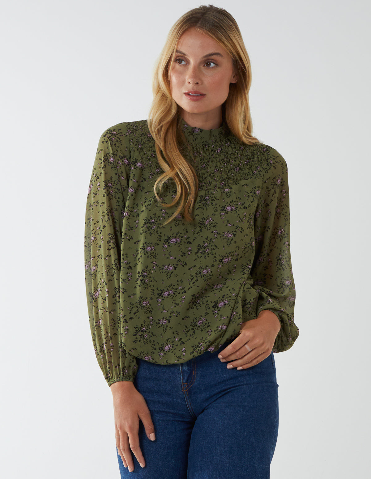 Floral Print High Neck Shirred Blouson Top 