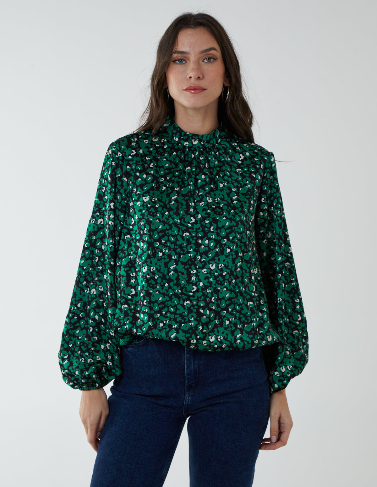 Satin Blouson Top - S / GREEN