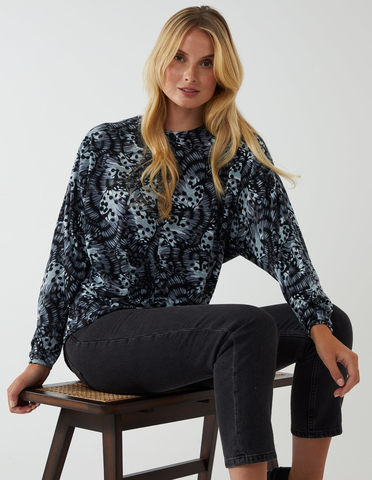 Black Butterfly Print Knot Top 