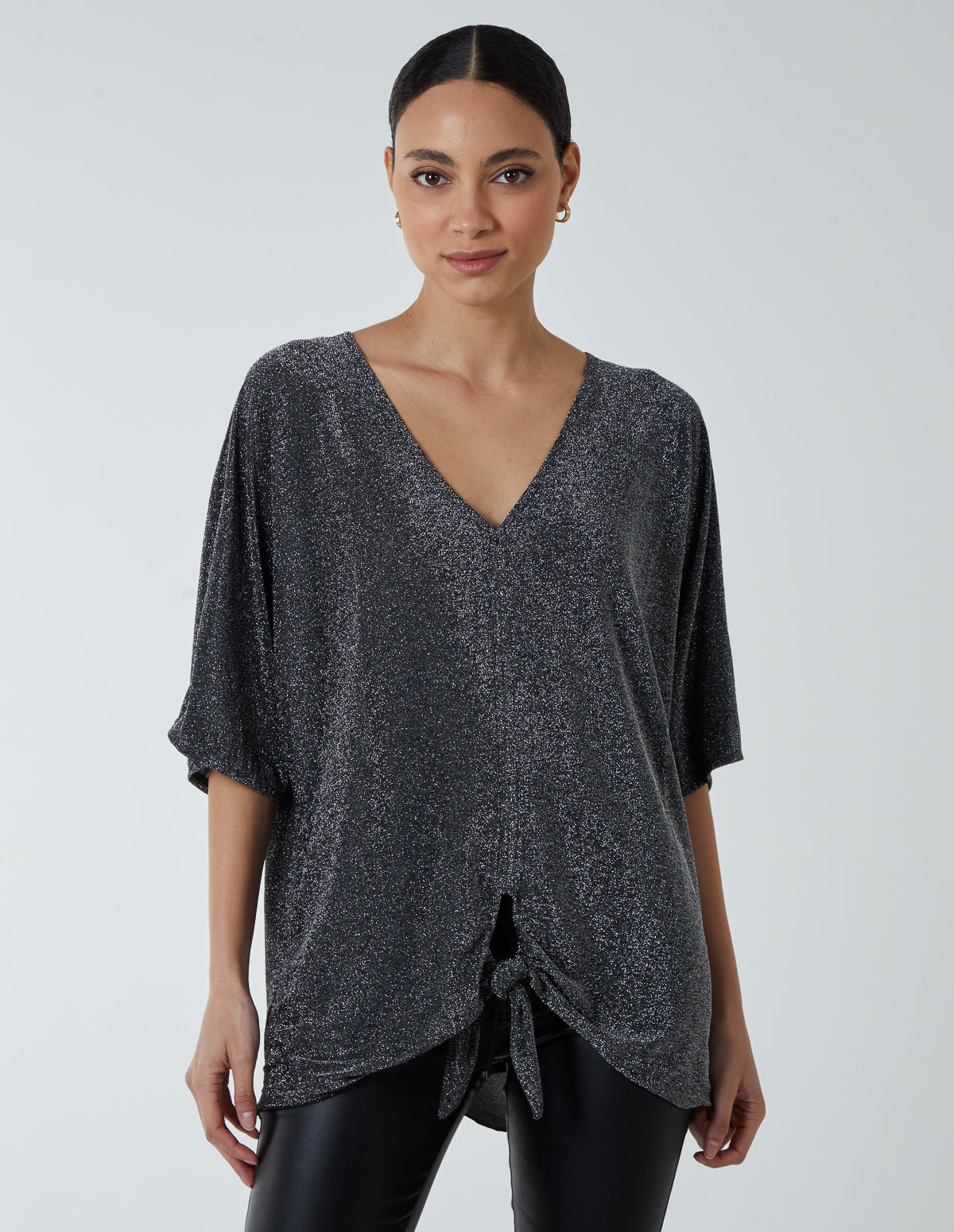 Oversized V neck knot front top 