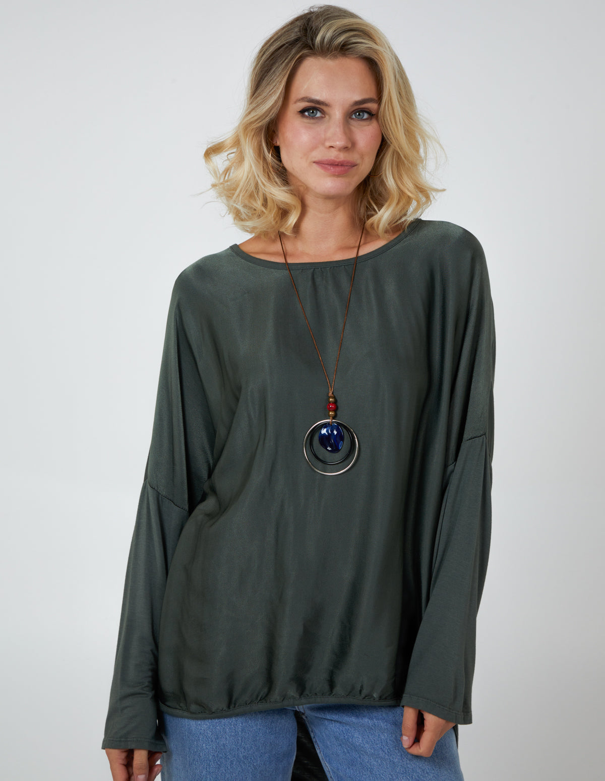 Long Sleeve Satin Feel Necklace Top 