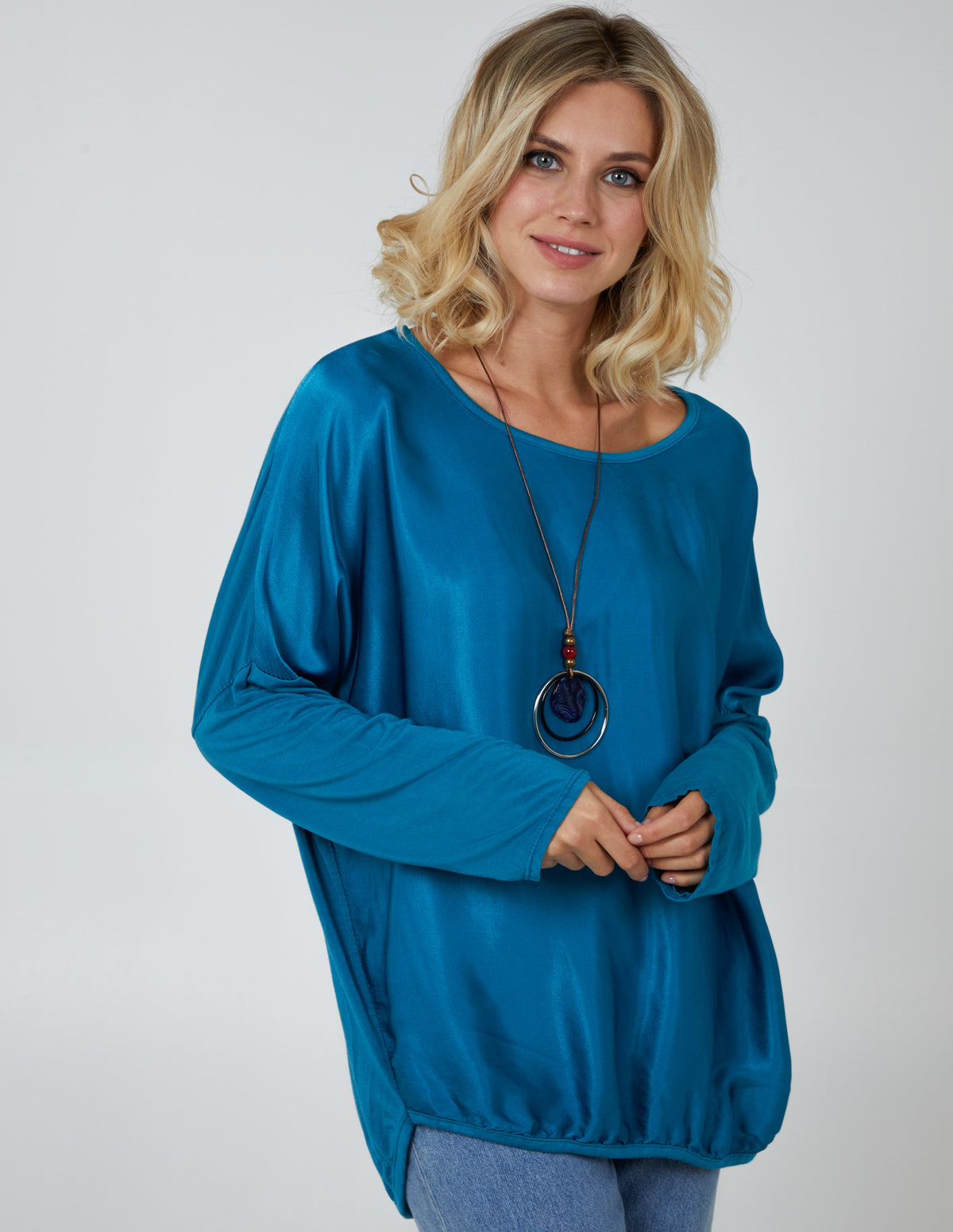 Long Sleeve Satin Feel Necklace Top 
