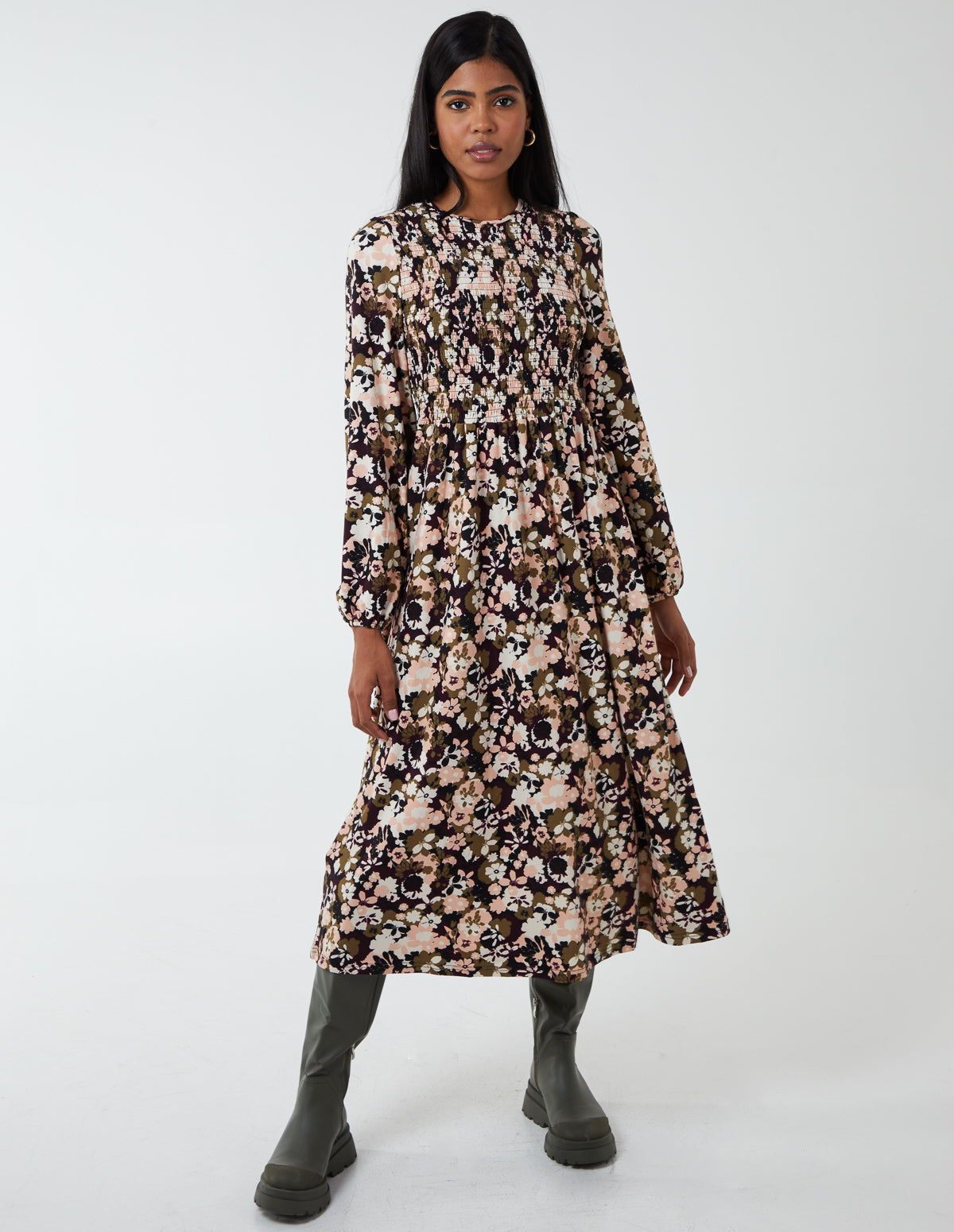 Smock Front And Back Midi Dress 