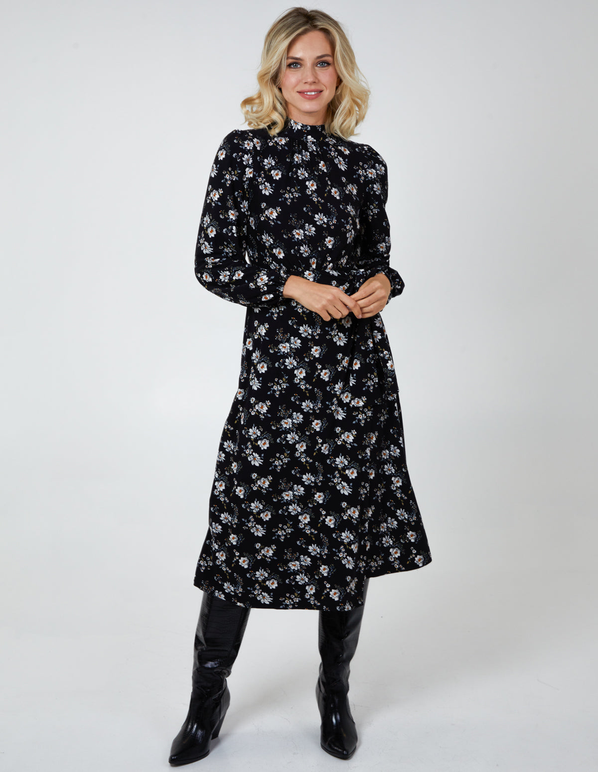 Tie Wrap Midi Dress - 10 / BLACK PATTERN