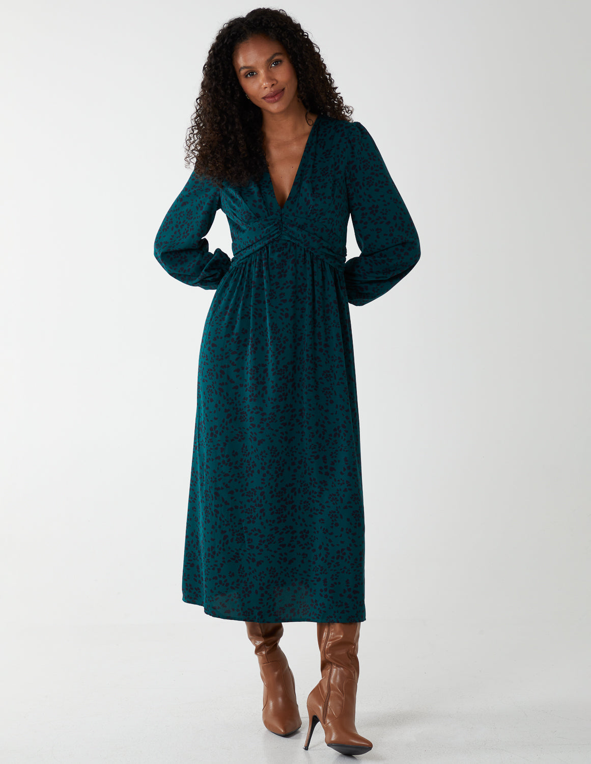 Ruched Deep V Volume Midi Dress - 10 / GREEN