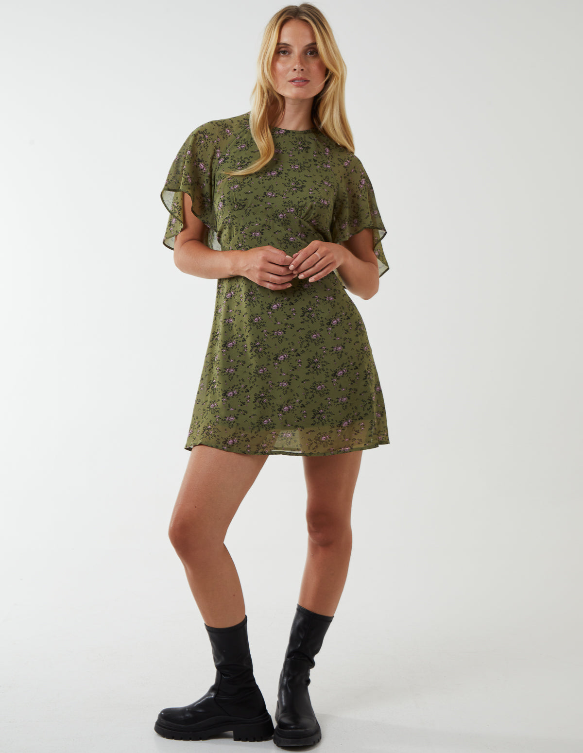 Floral Print Flutter Sleeve Mini Dress - 14 / KHAKI