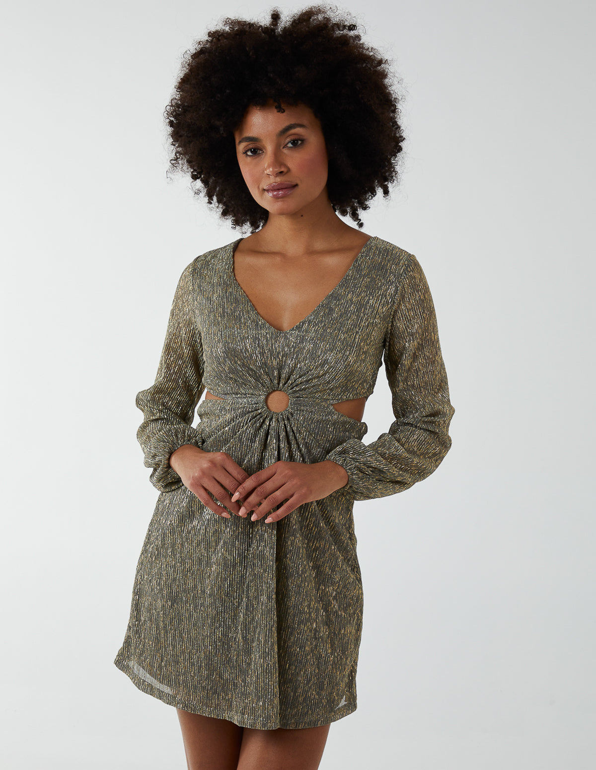 V-Neck Long Sleeve Lurex Dress - 10 / Light Grey