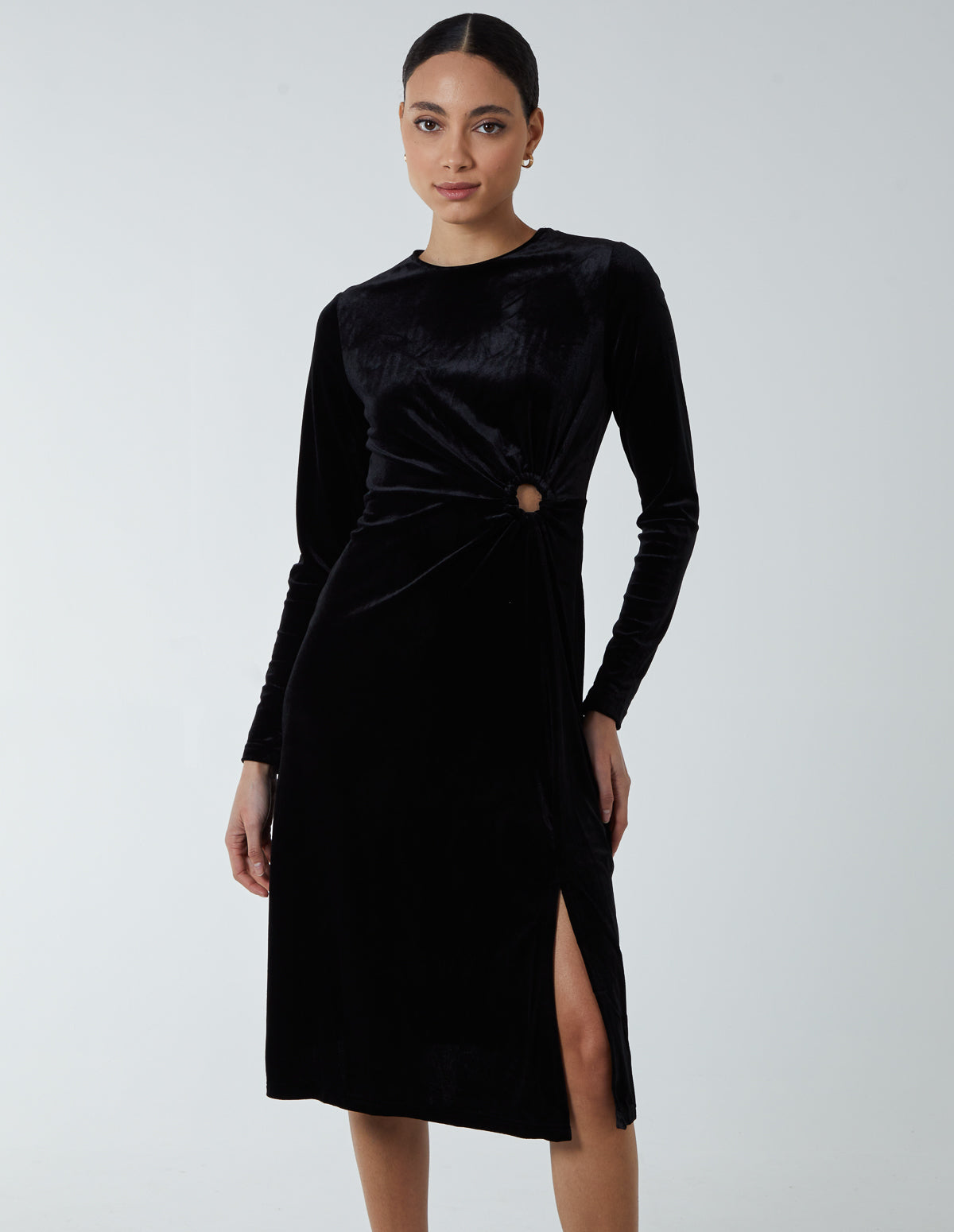 High Neck With Keyhole Detail & Long Sleeve Dress - 14 / BLACK