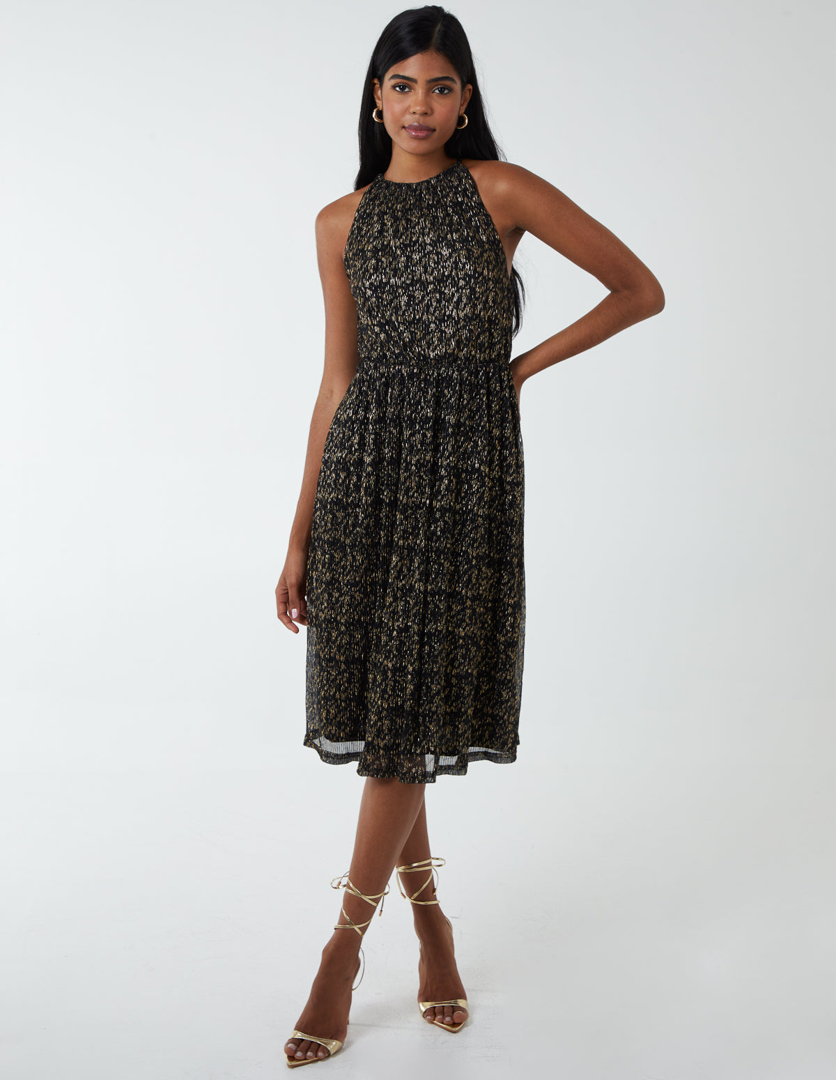 Blouson Halter Neck Midi Dress 