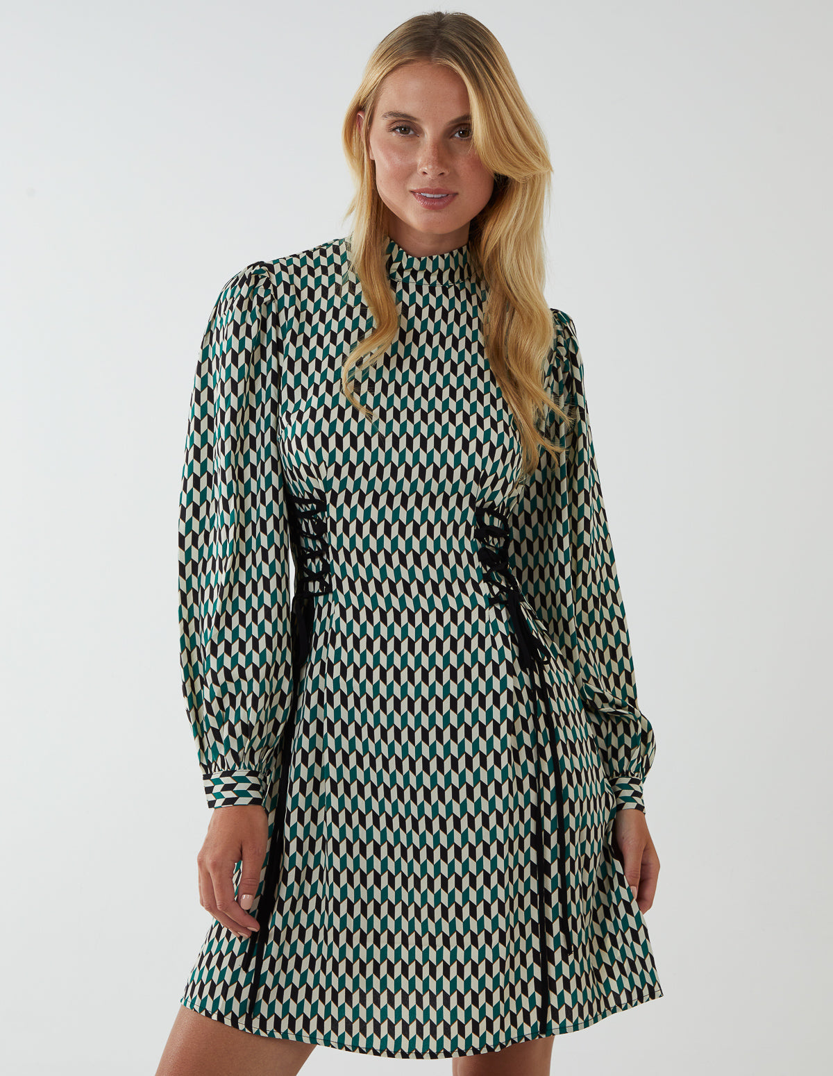 Geometric Print Lace Side Waist High Neck Dress 