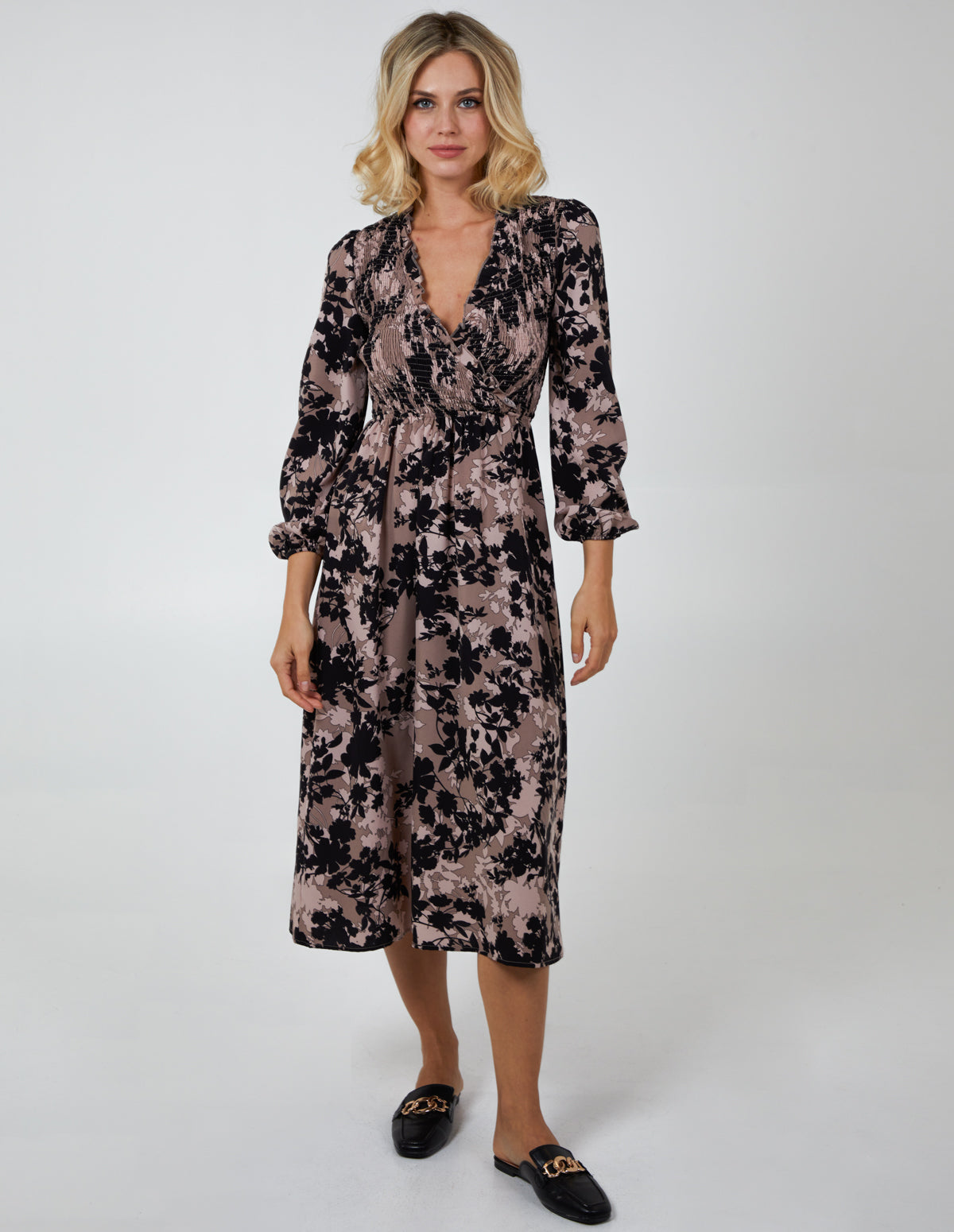 Shirred Bust Wrap Midi Dress 