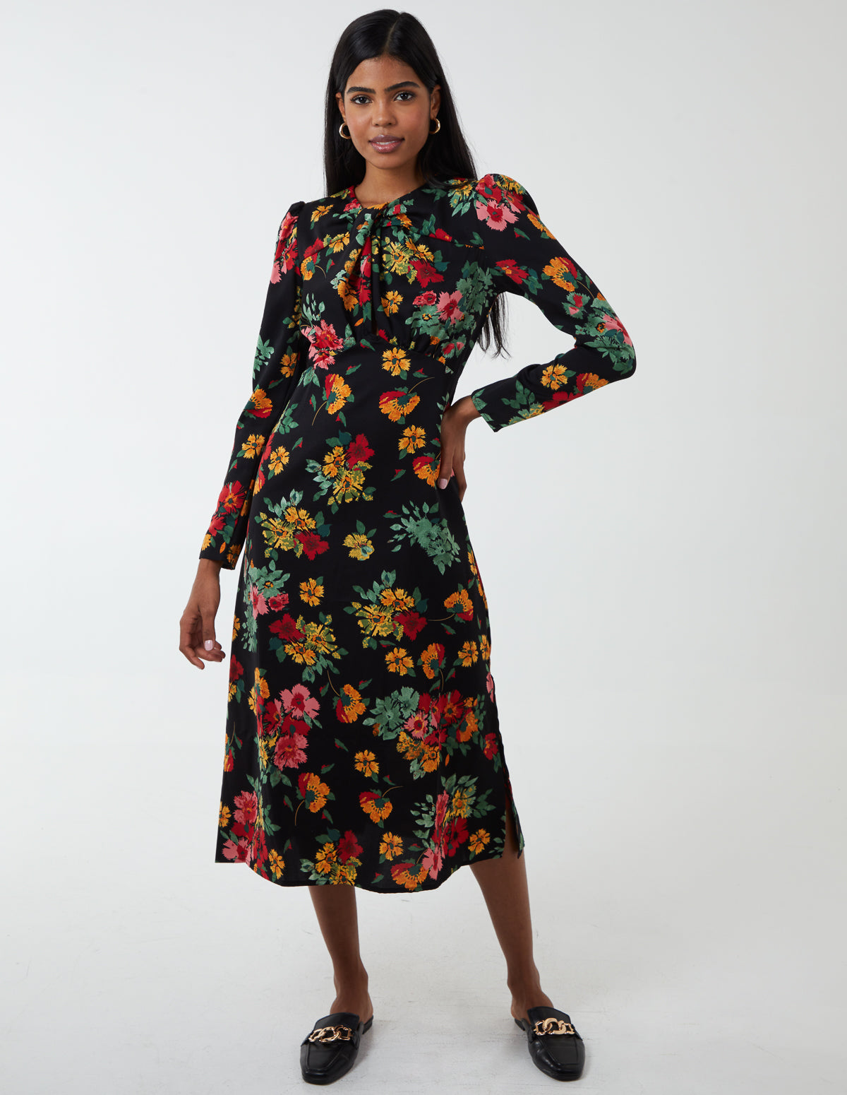 Floral Twist Panel Fit And Flare Midi Dress 