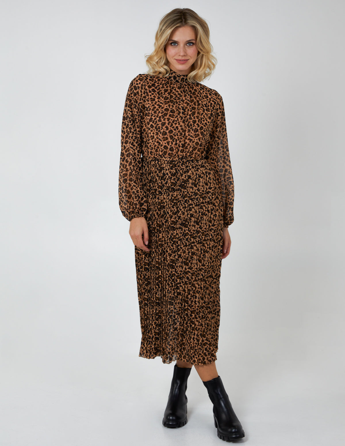 Animal Print High Neck Blouson Pleated Dress 