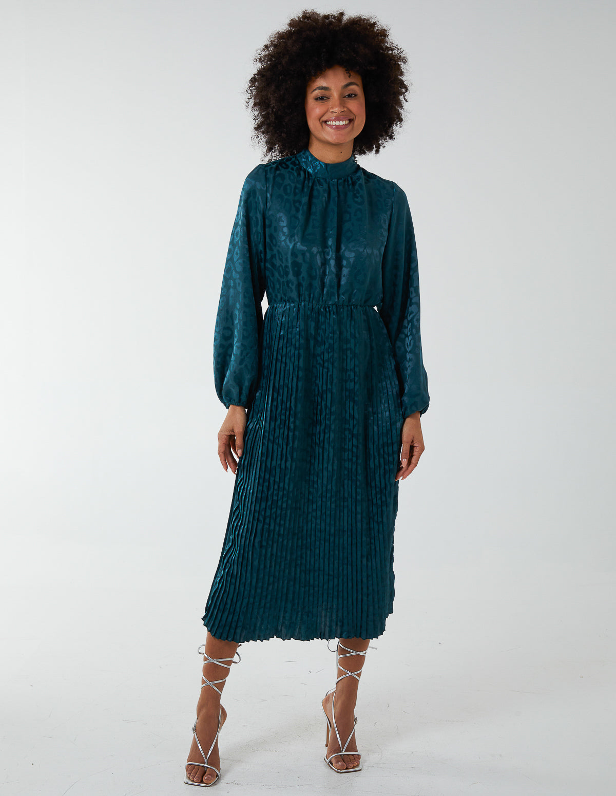 High Neck Blouson Pleated Midi Dress 