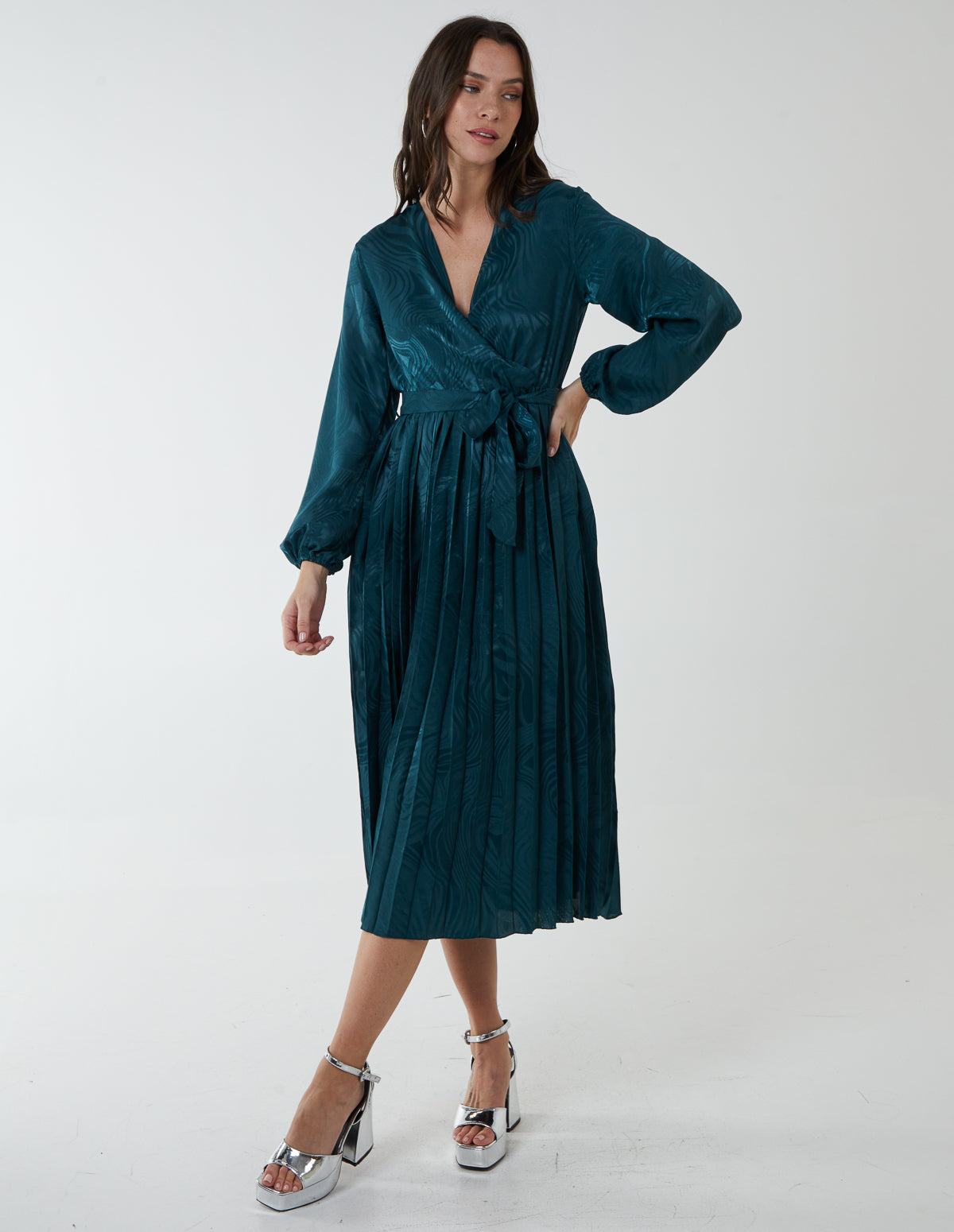 Jacquard Wrap Front Belted Pleated Midi Dress - 10 / Bottle Green