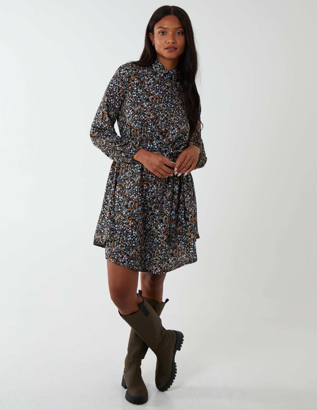 Multifloral Print Mini Shirt Dress 