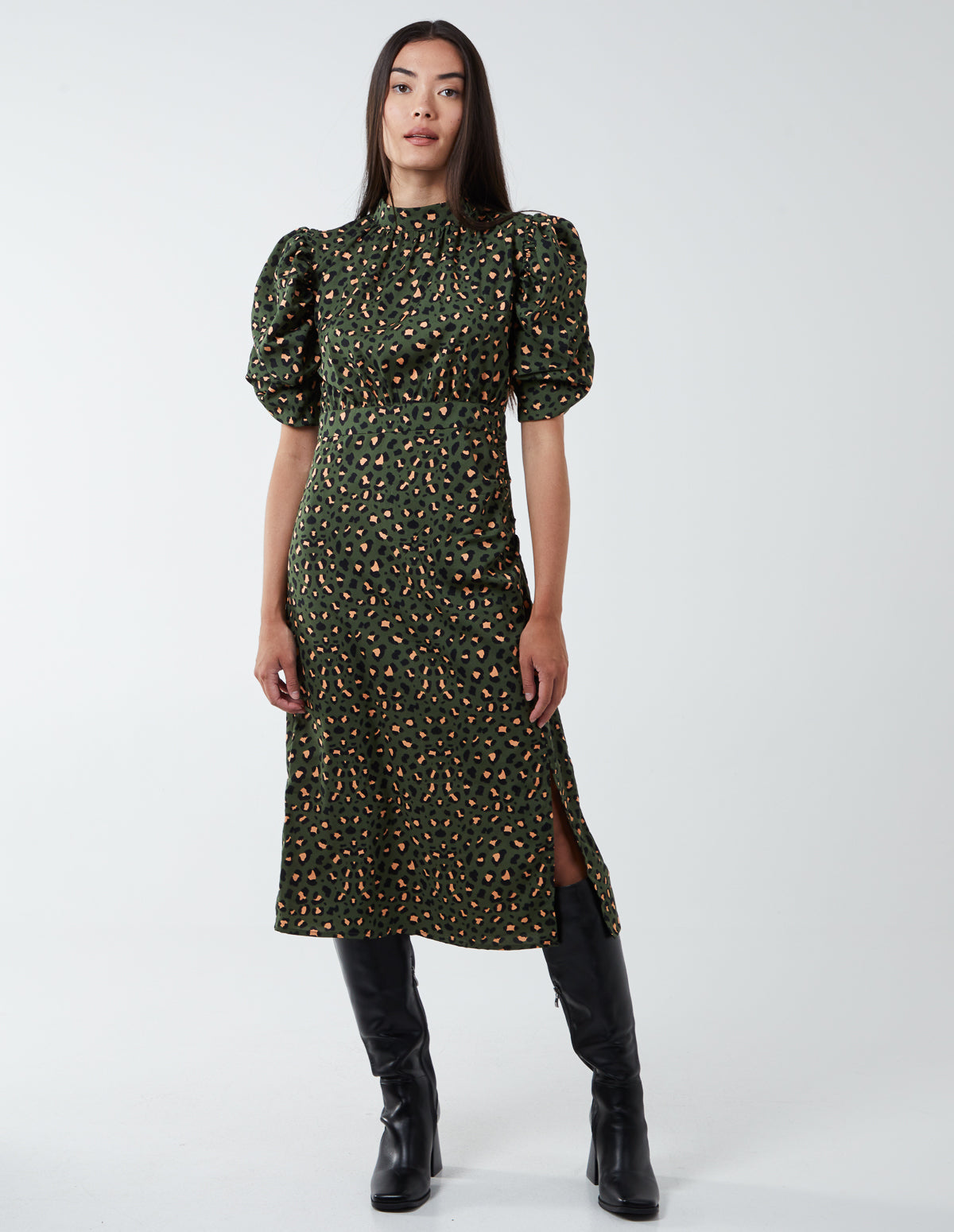 Leopard Print Ruched Side Midi Dress 