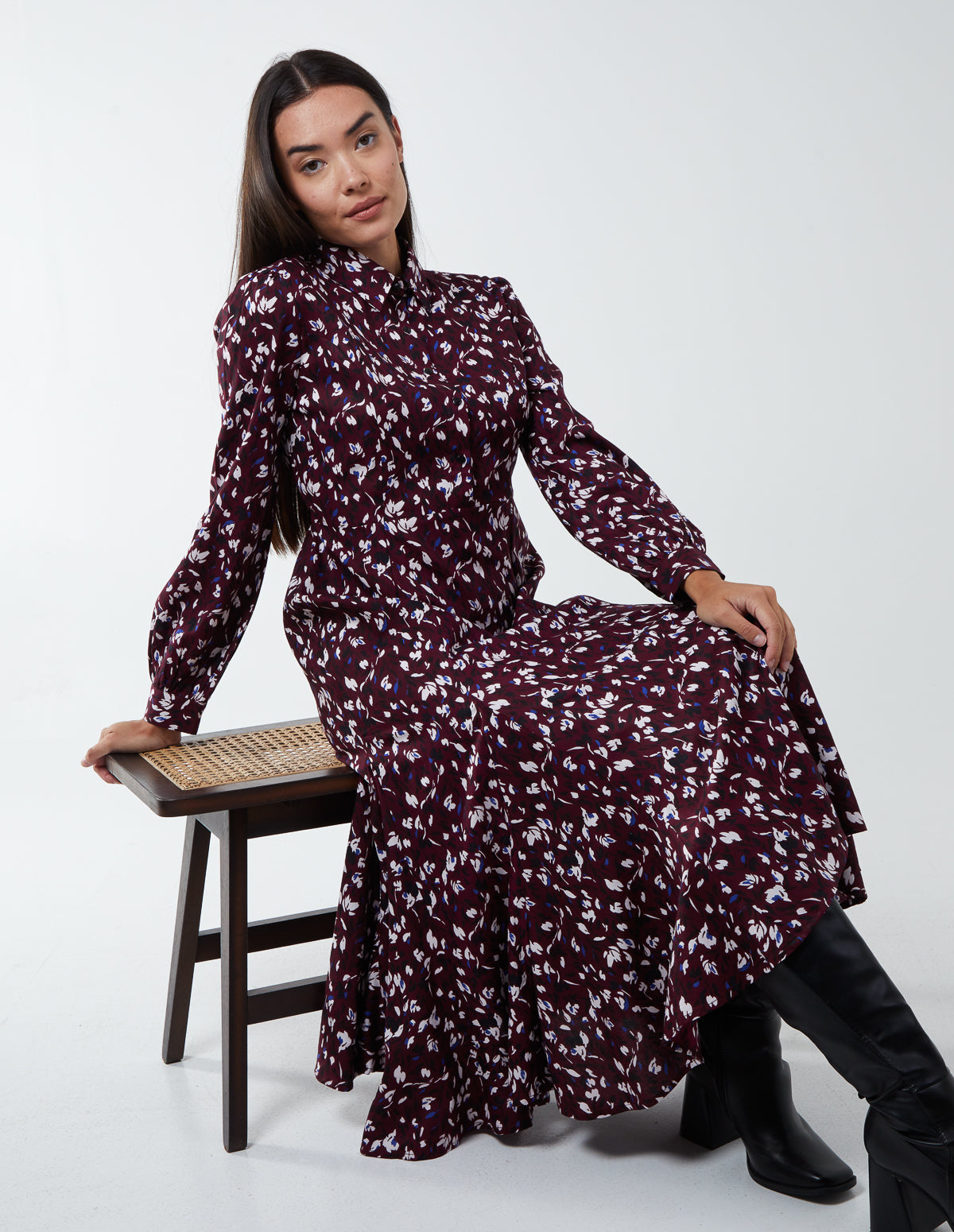 Shirt Midi Dress With Godet Hem 