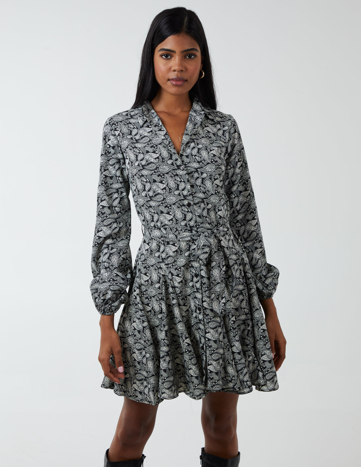 Shirt Mini Dress With Godet Hem & Tie - 12 / BLACK