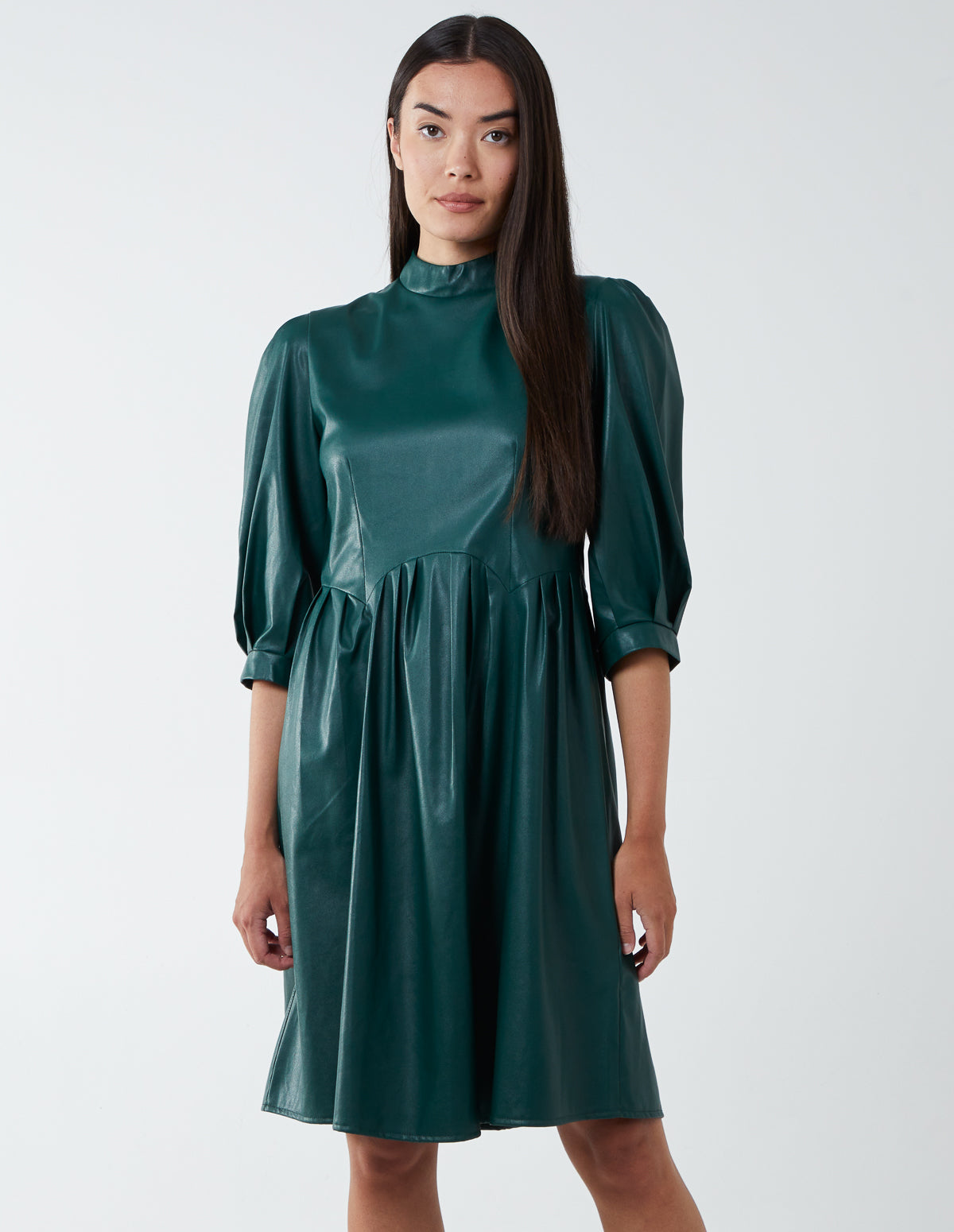 High Neck PU Dress - 12 / Bottle Green