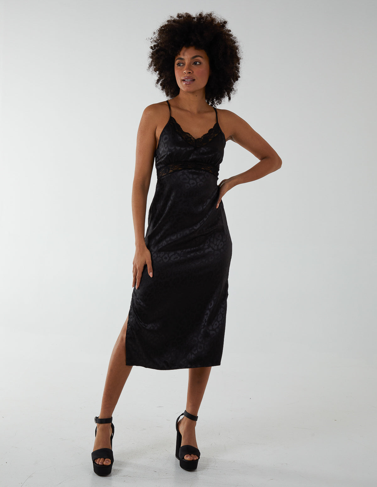 Jacquared Satin Slip Dress - 8 / BLACK