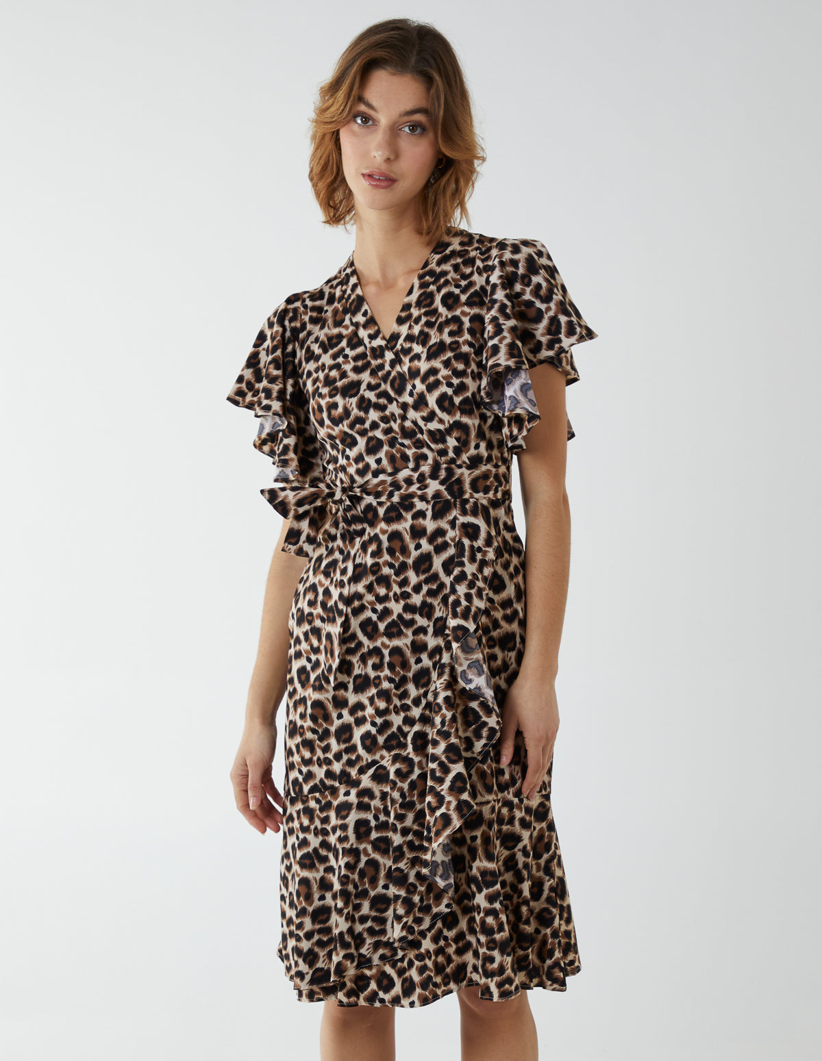 Leopard Print Wrap Ruffle Midi Dress - 10 / Animal