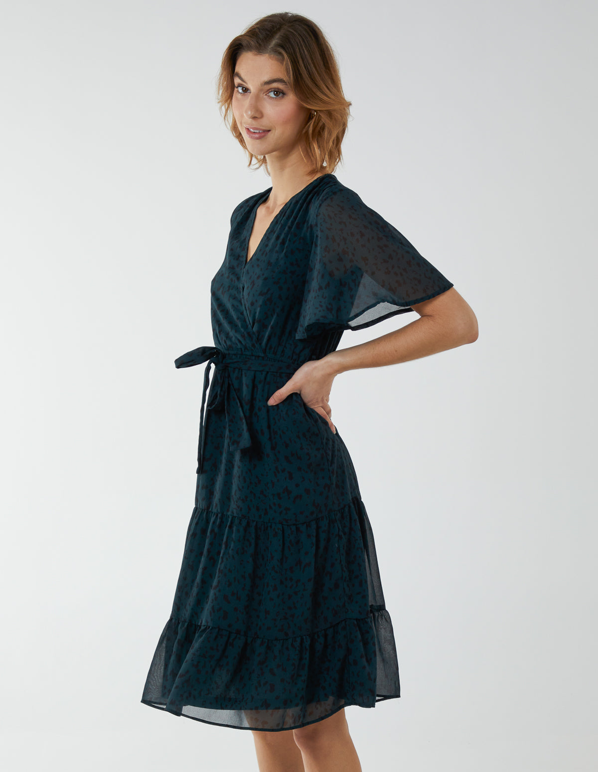 Flutter Sleeve Midi Wrap With Tie Dress 