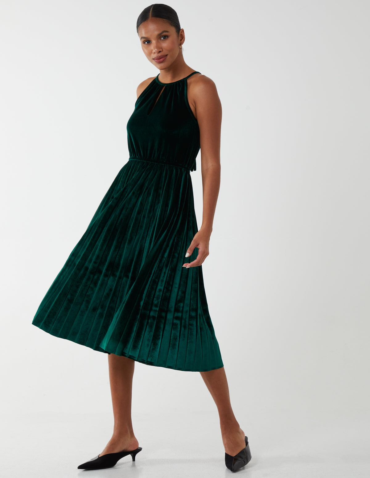 Halter Neck Pleated Midi Dress - 12 / Bottle Green