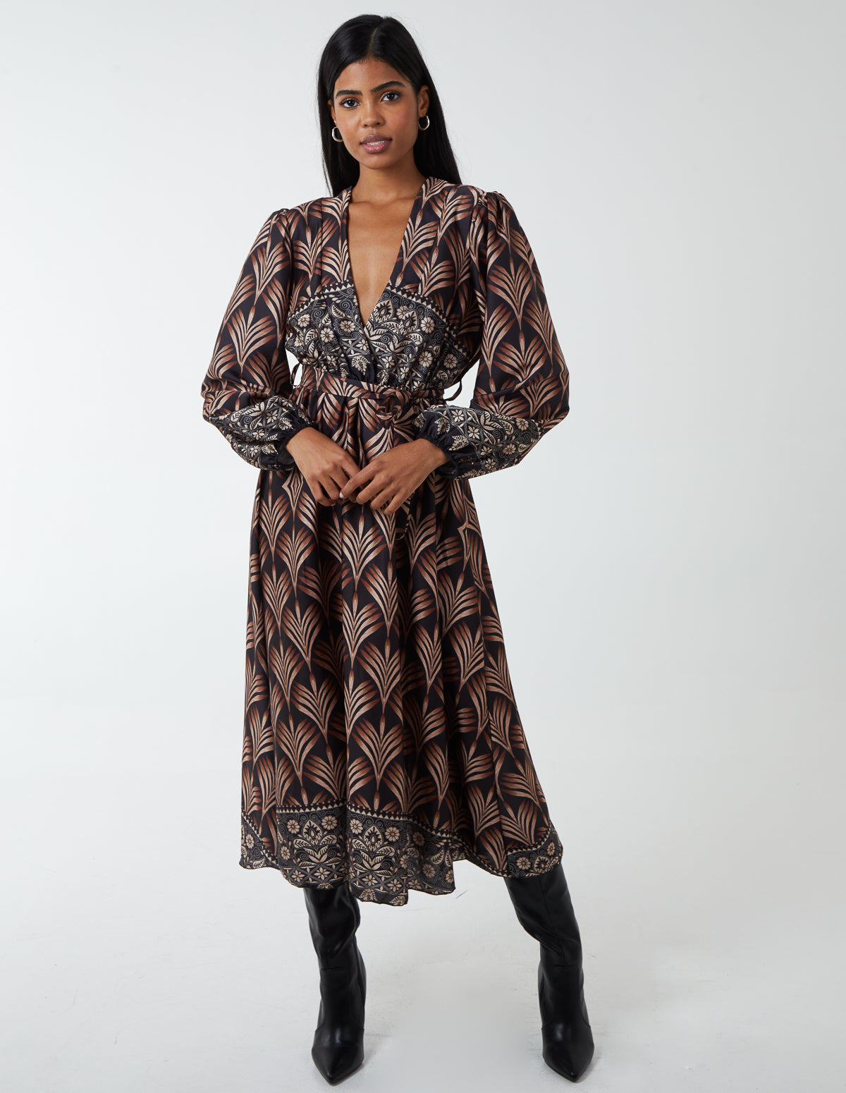 Paisley Leaf Print Satin Dress 