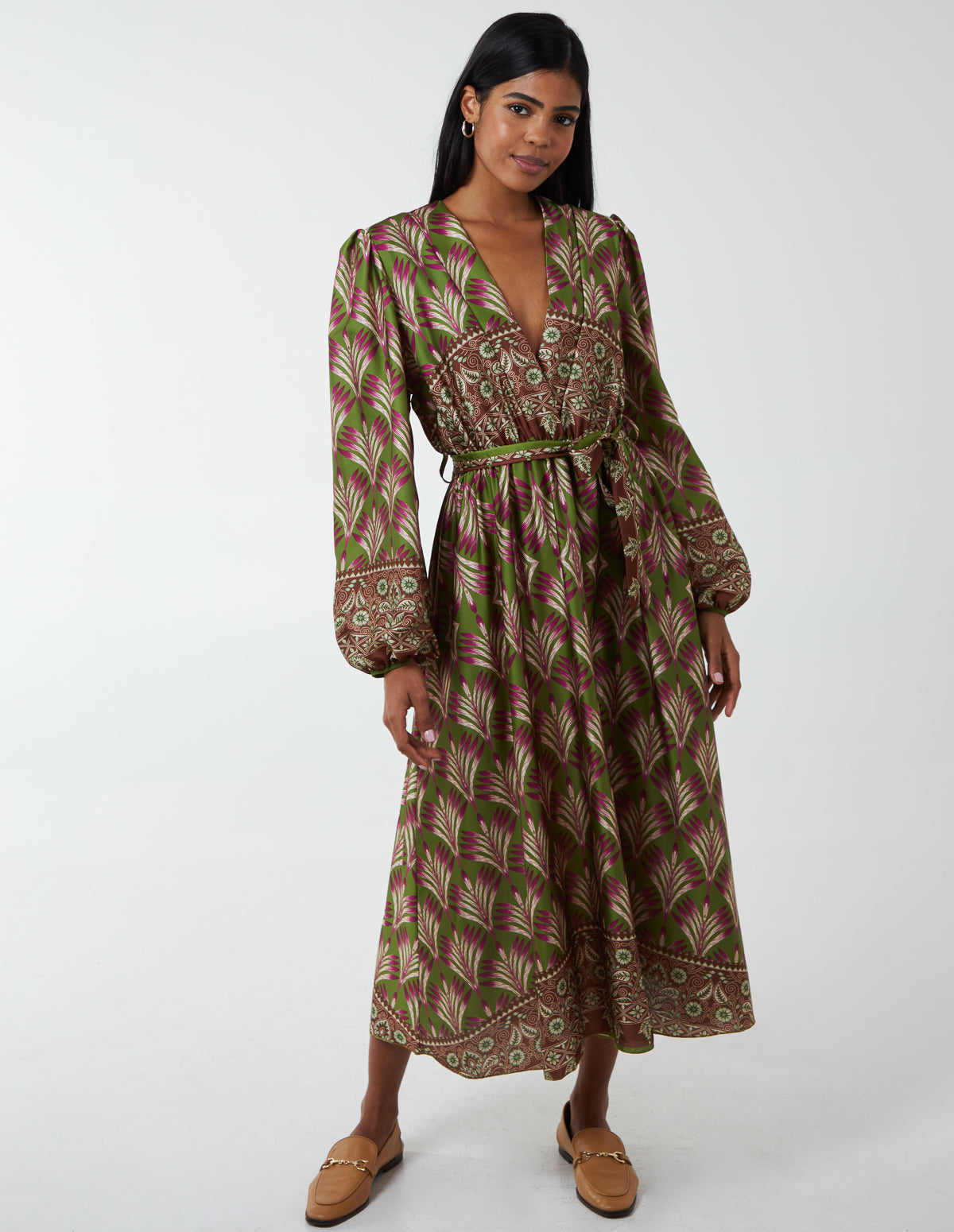 Paisley Leaf Print Satin Dress 
