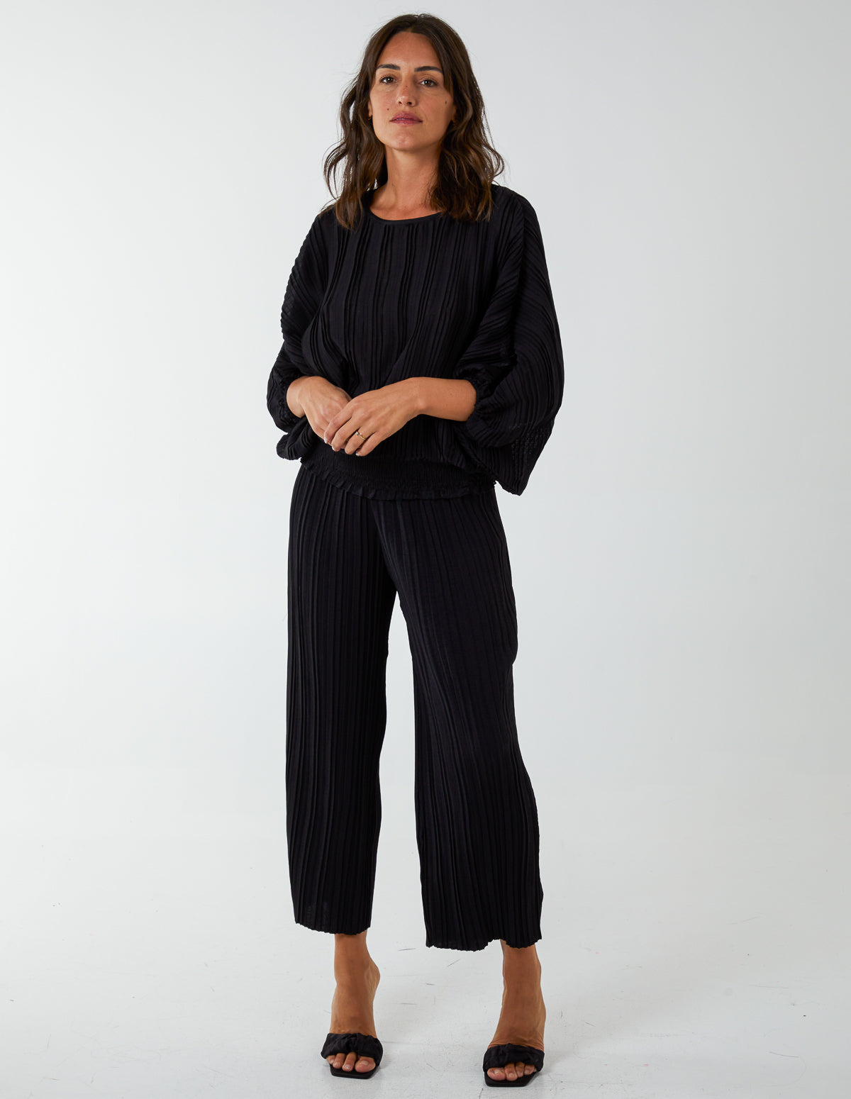 Wide Leg Plisse Drawstring Trousers 