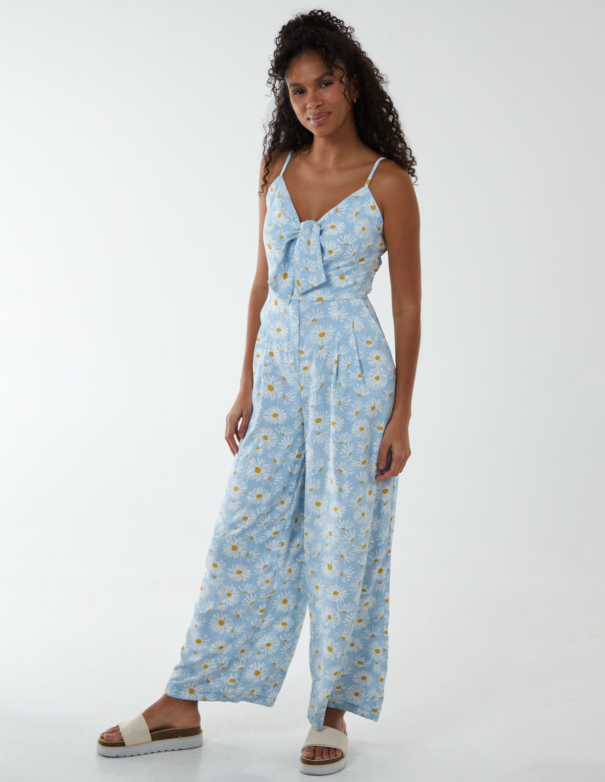 Daisy Print Tie Front Jumpsuit - 8 / BLUE