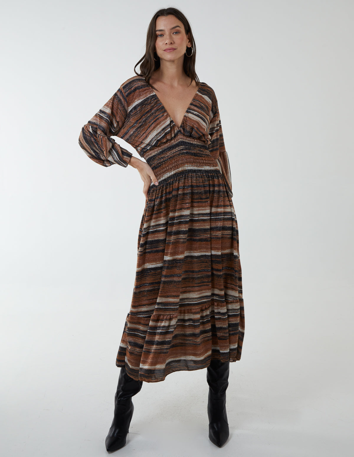 Metallic Space Dye Stripe V Neck Dress 