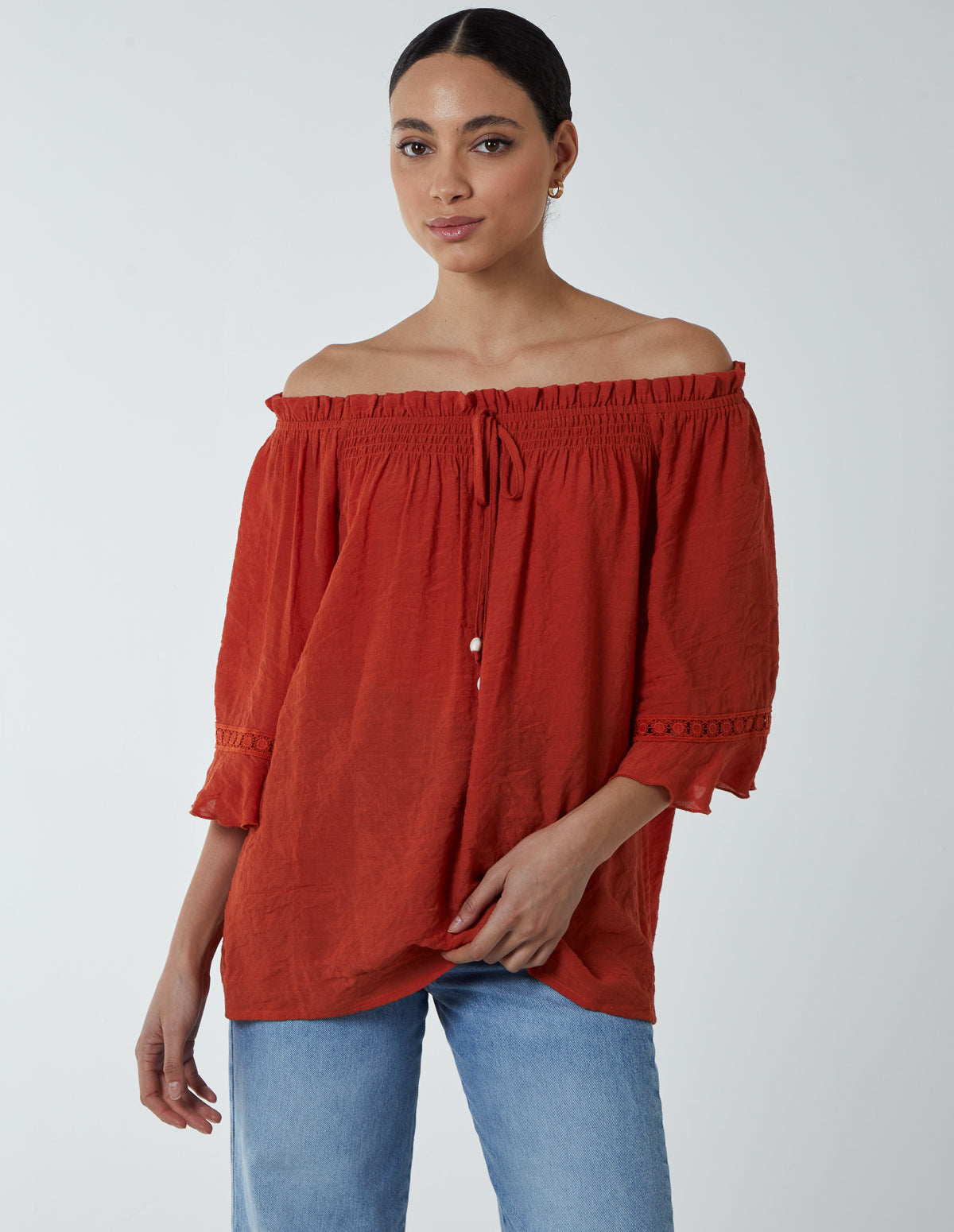 Bardot Tie Front Top - L / ORANGE