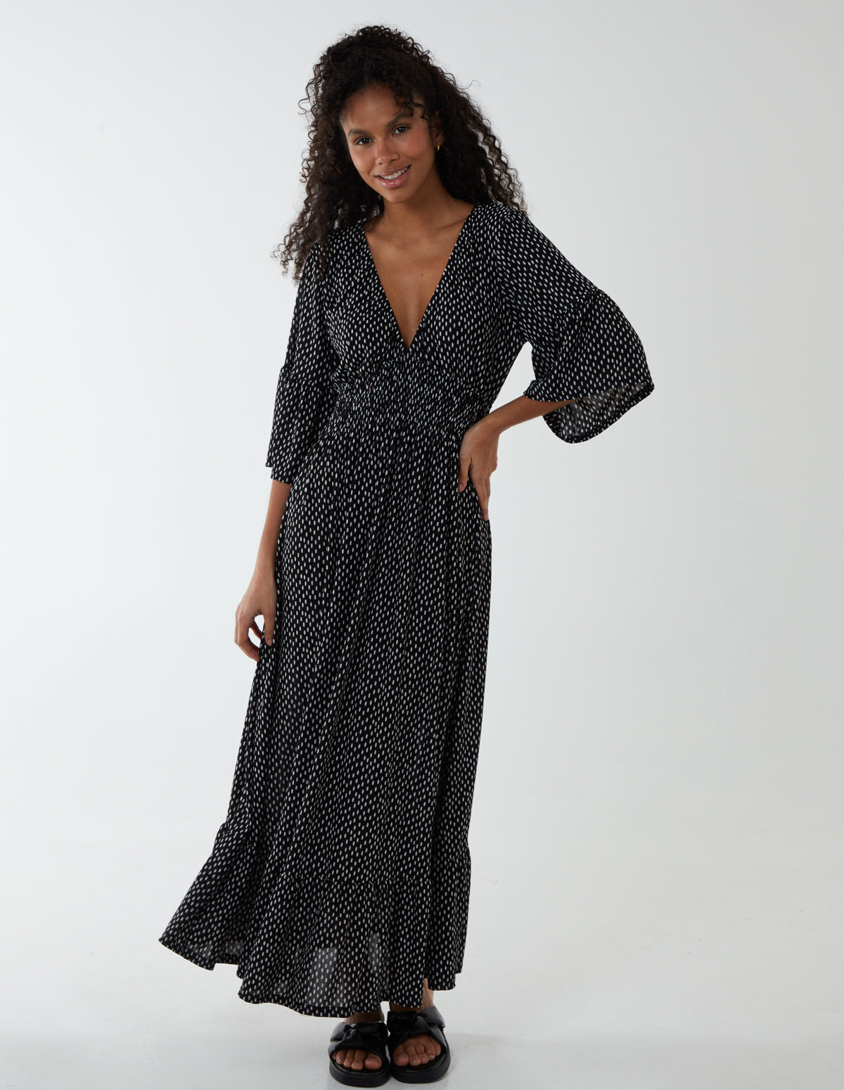 Elasticated Neck Shirred Waist Maxi Dress 