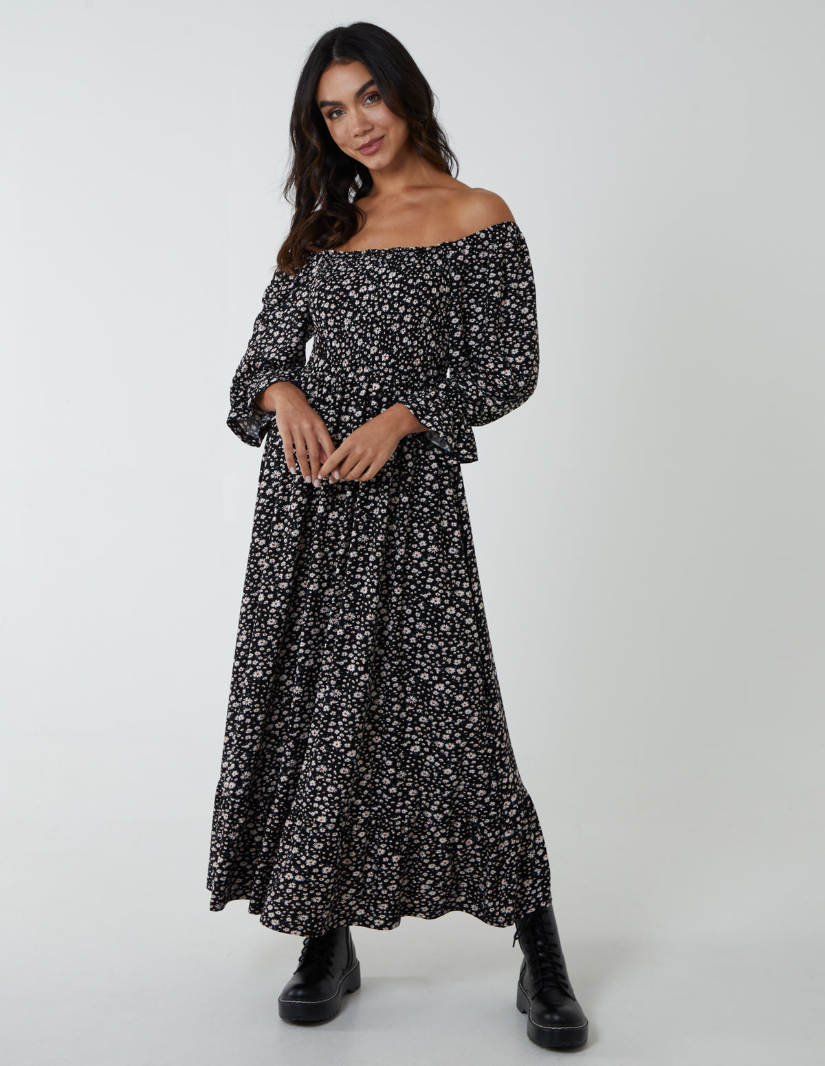 Puff Sleeve Square Neck Shirred Midi Dress 