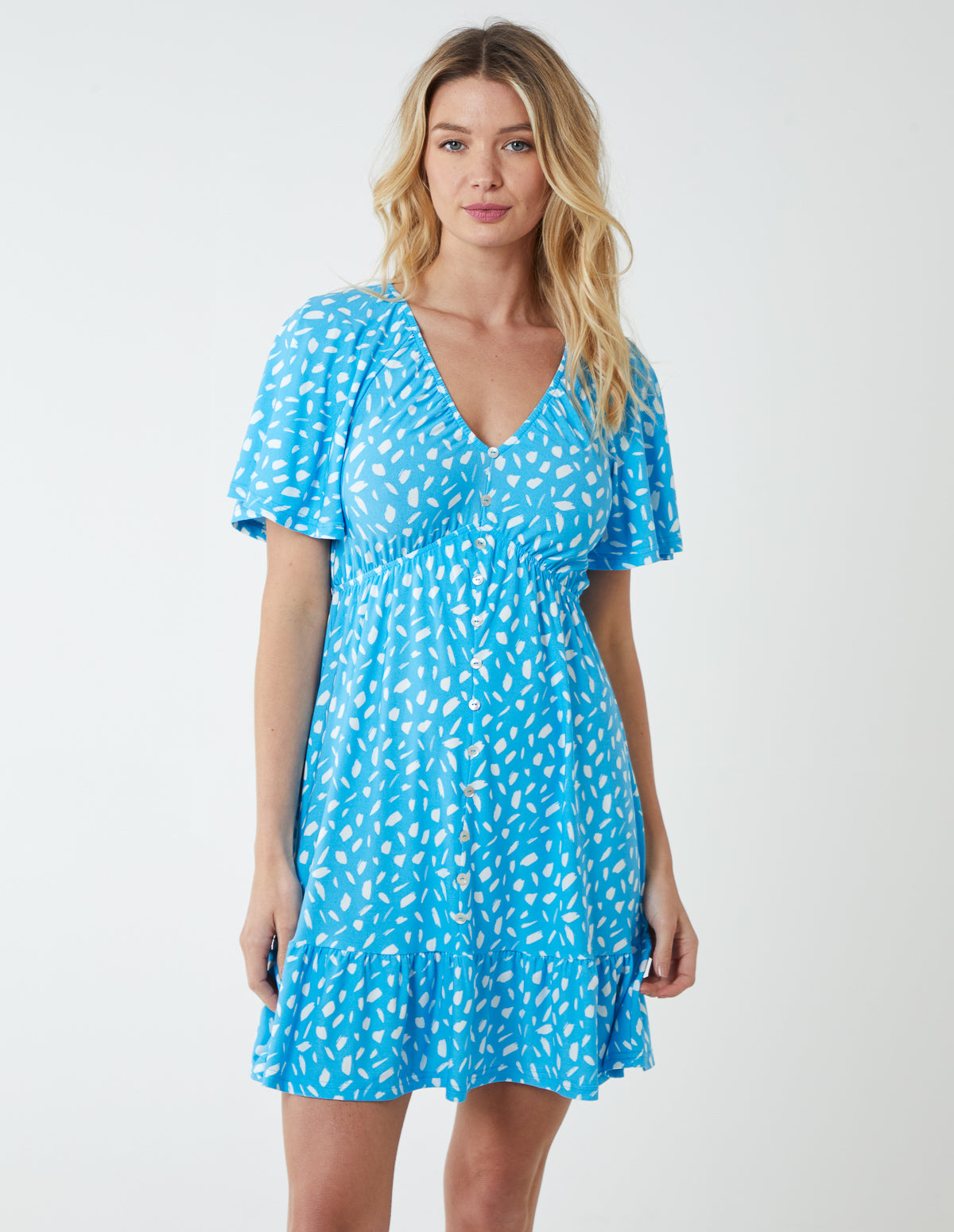 Trapeze Button Through Raglan Mini Dress - 8 / BRIGHT BLUE