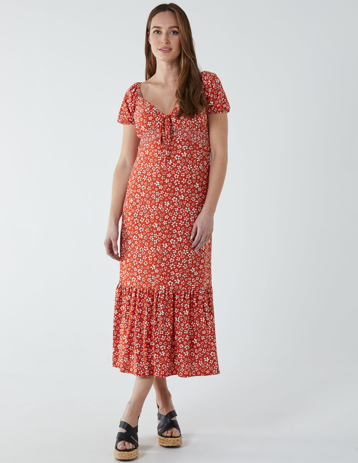 Shirred Sweetheart Midi Dress - 14 / ORANGE PATTERN