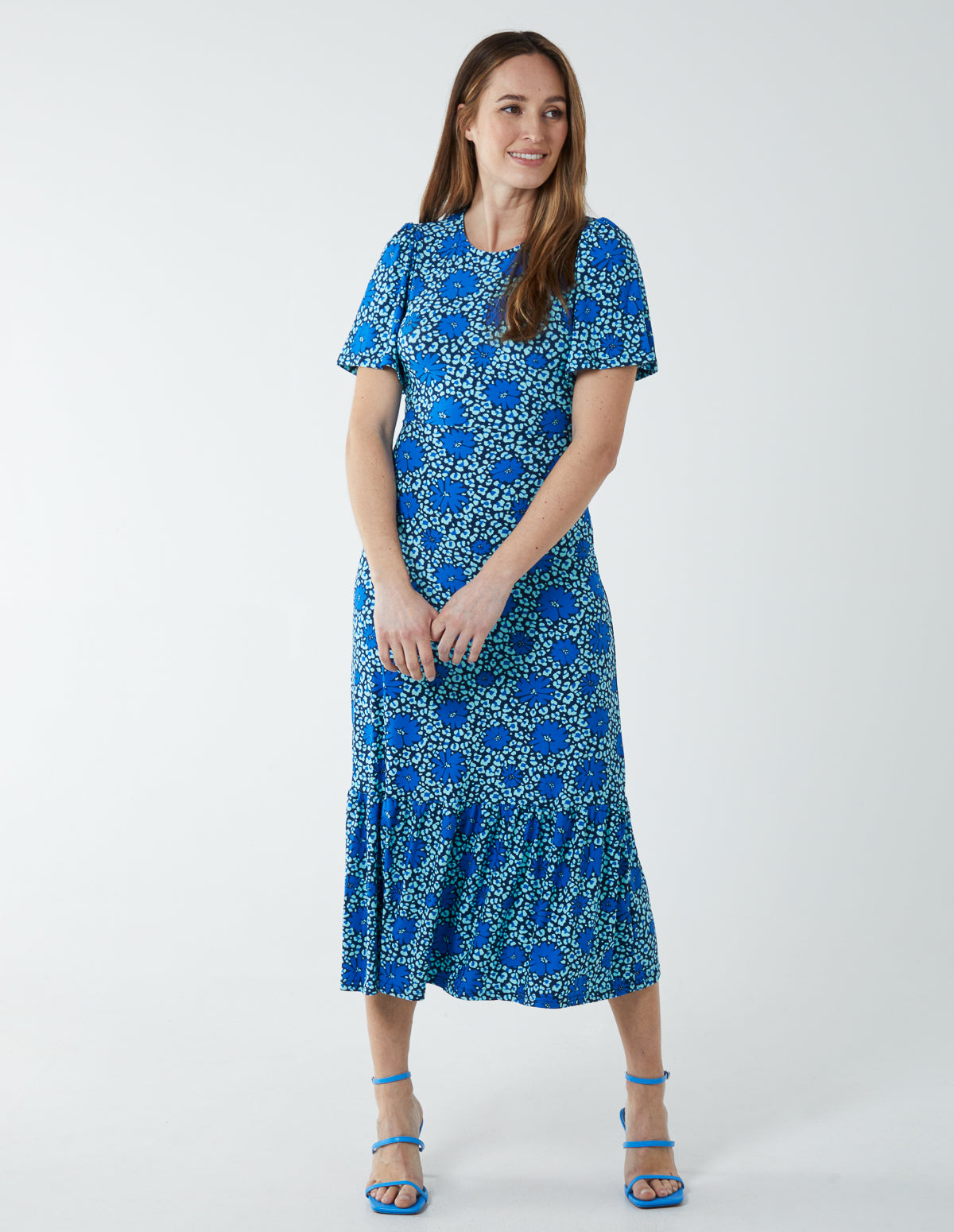 Crew Neck Midi Angel Sleeve Tie Back Dress - 8 / BLUE