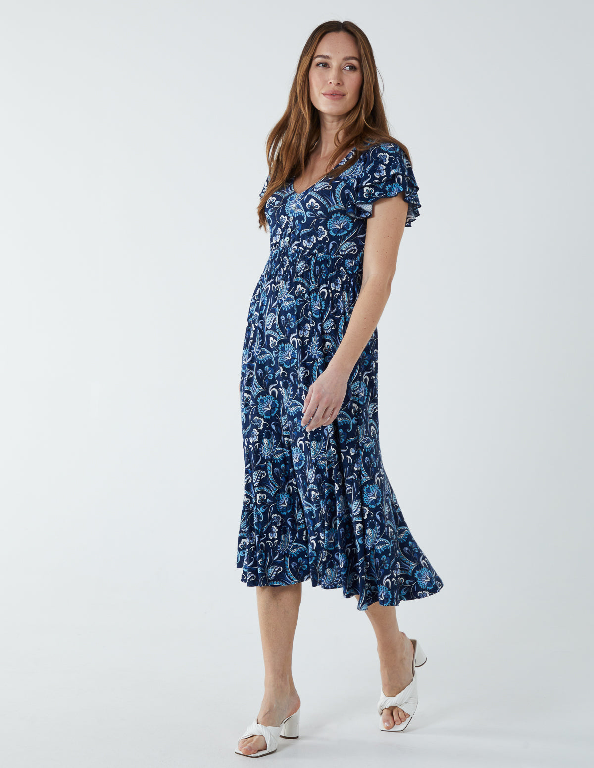 Ruffle Sleeve Elasticated Godet Midi Dress - 8 / NAVY