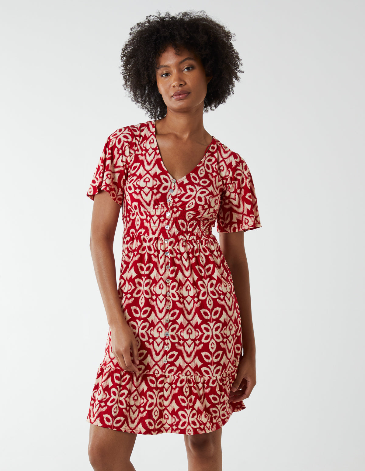 V Neck Shirred Mini Tea Dress With Split 