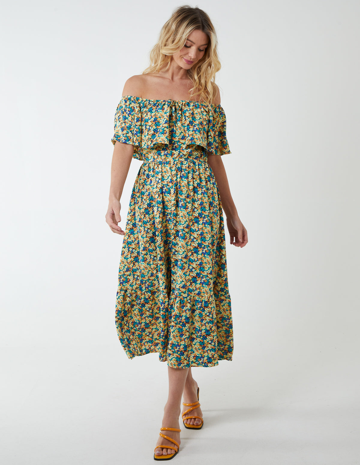 Bardot Ruffle Shoulder Midi Dress - 12 / BLUE PATTERN