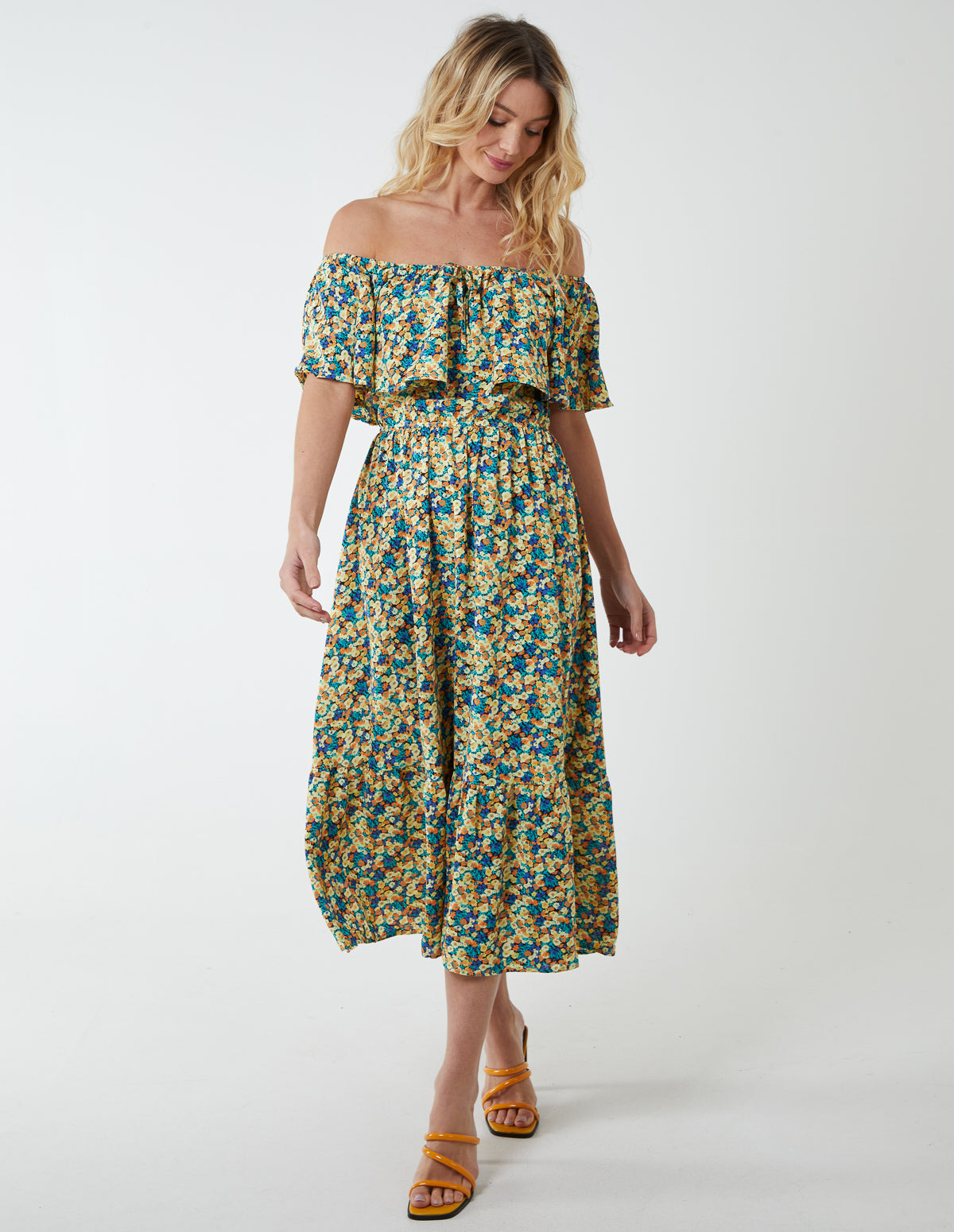 Bardot Ruffle Shoulder Midi Dress 