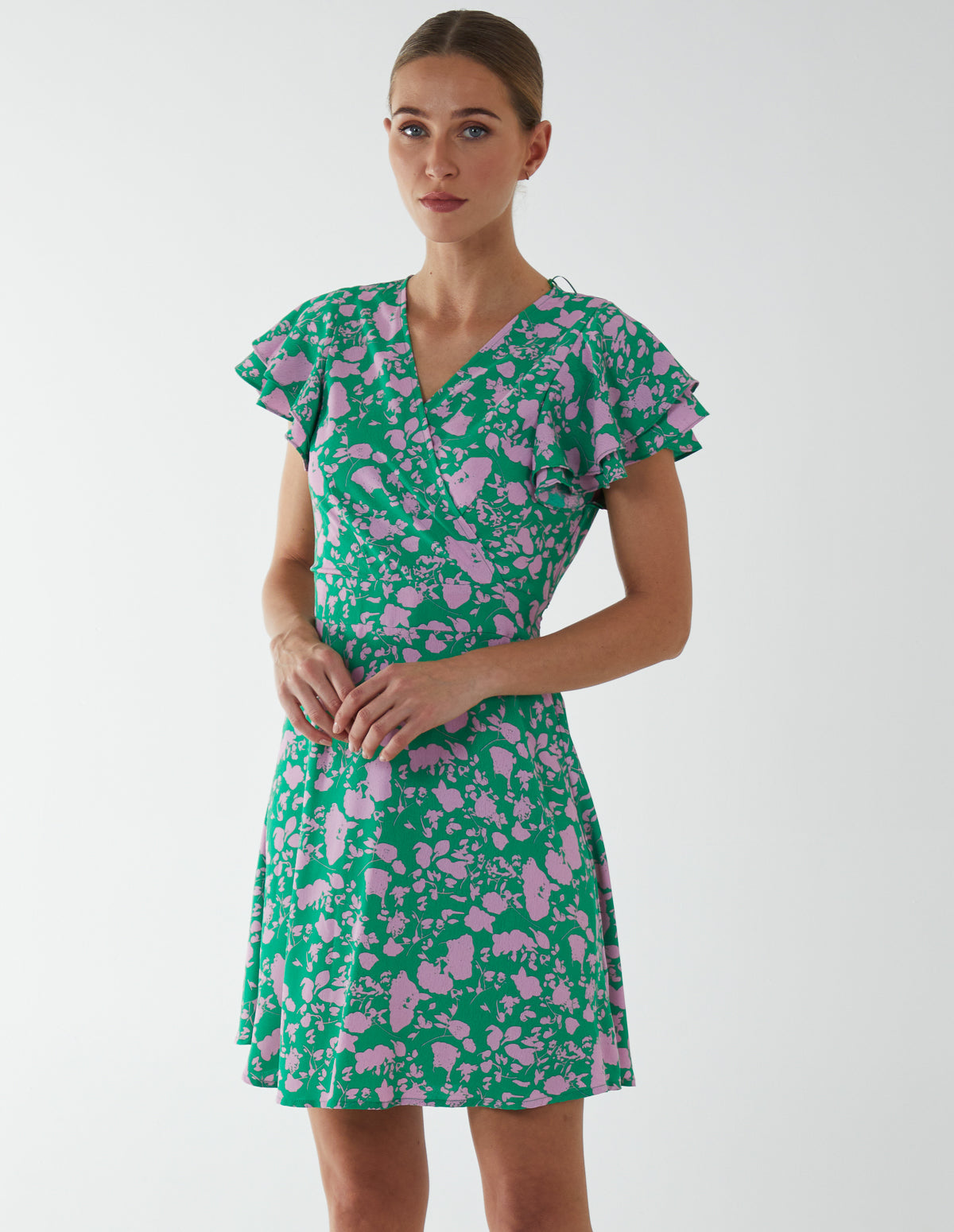 Wrap Ruffle Mini Dress - 16 / GREEN PATTERN