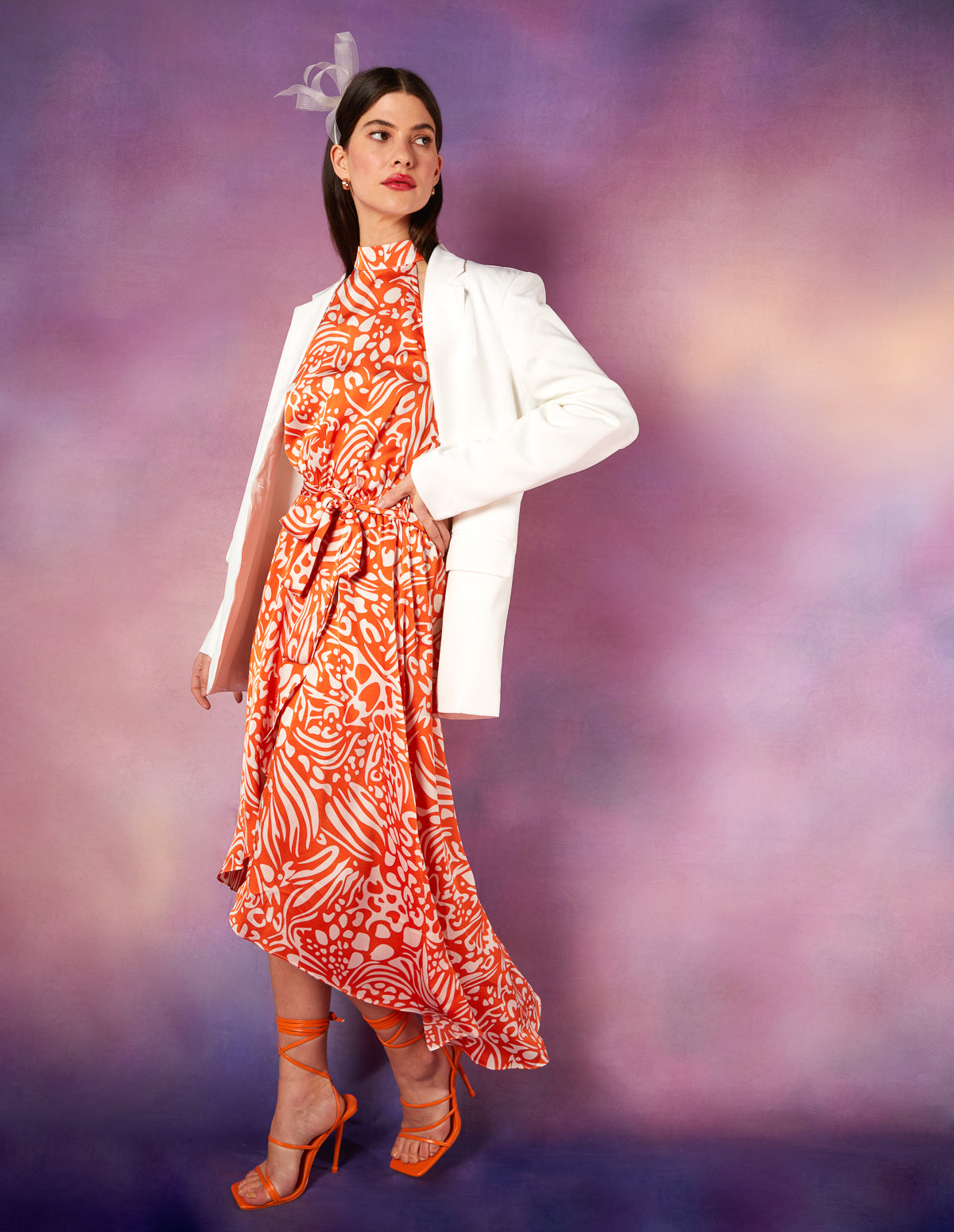 Abstract Print Halter Neck Midi Wrap Dress - 8 / ORANGE