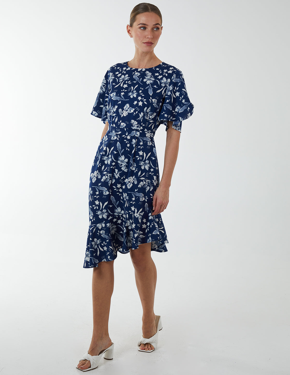 Angel Sleeve Asymmetric Tier Midi Dress - 16 / NAVY