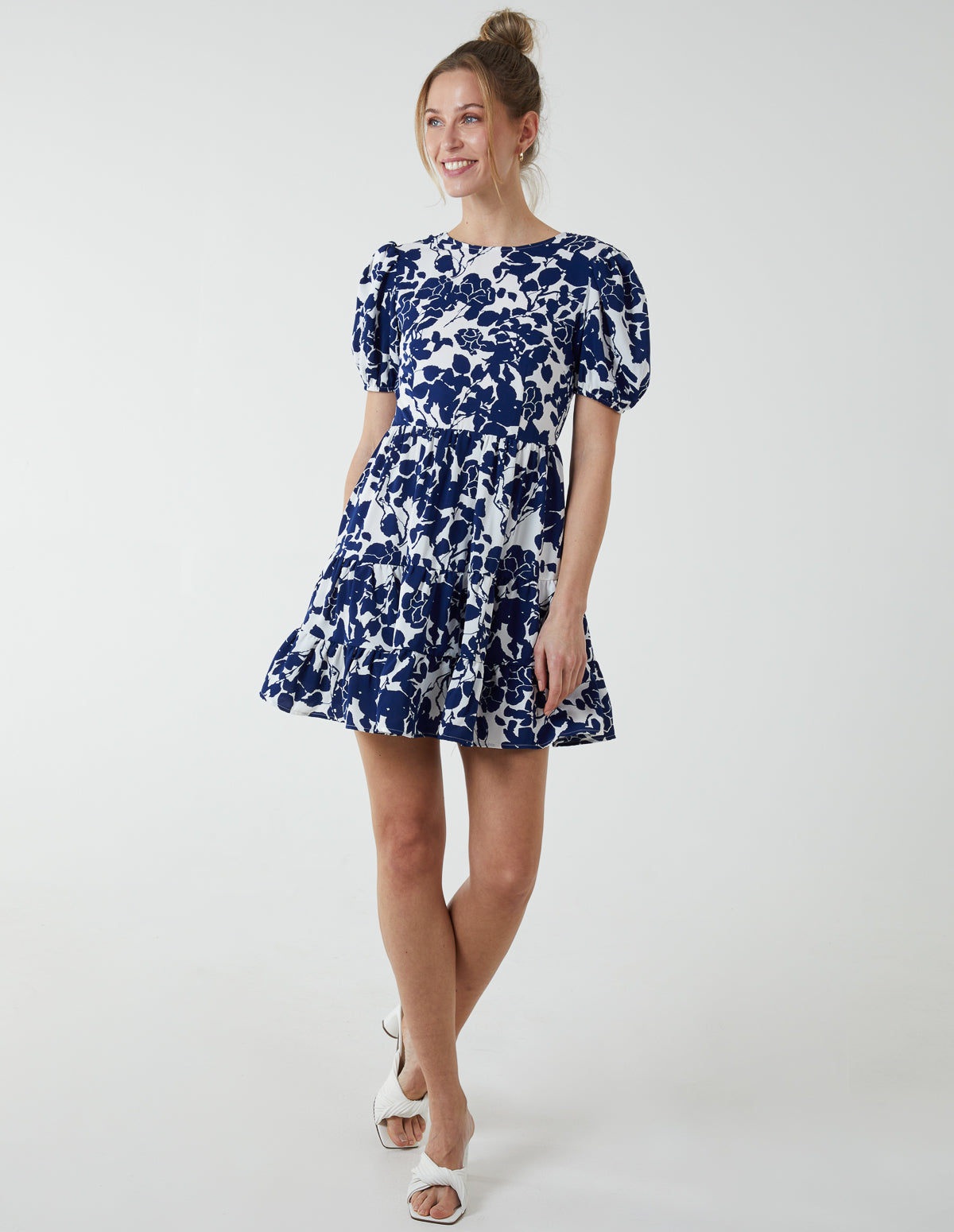 Round Neck Mini Dress With Tiered Frill Hem - 12 / NAVY