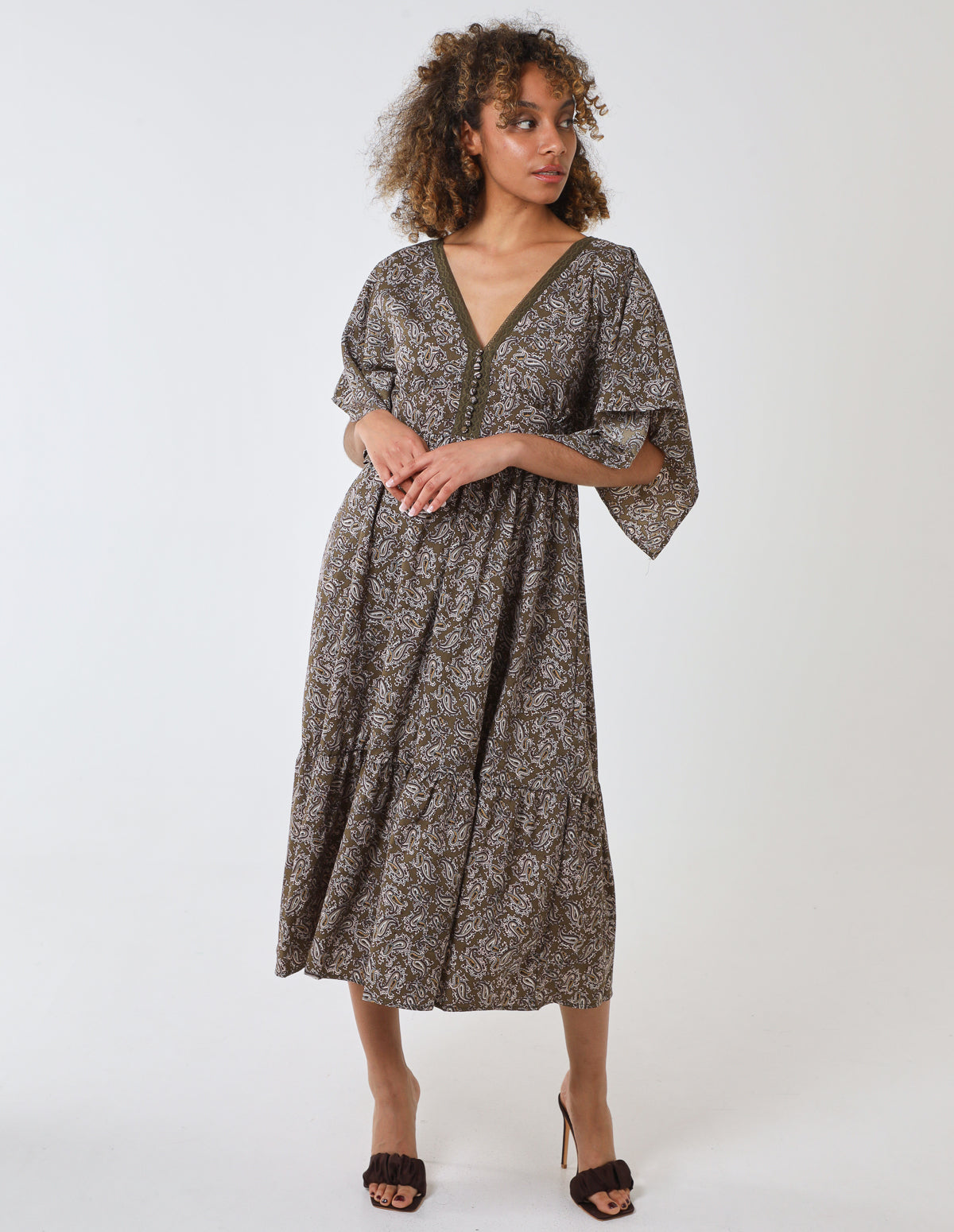 Crochet Bust Kimono Sleeve Dress - L / KHAKI