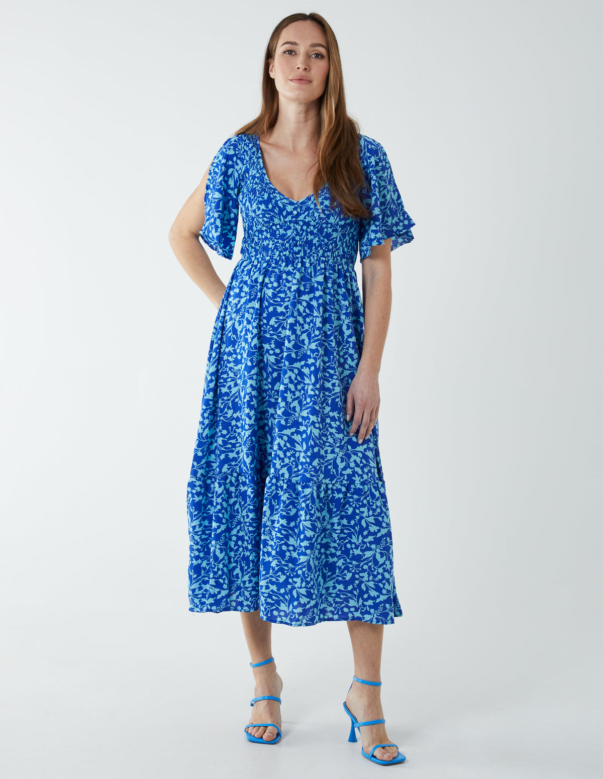 Sheared Bust Midi Dress With Angel Sleeve - 12 / BLUE